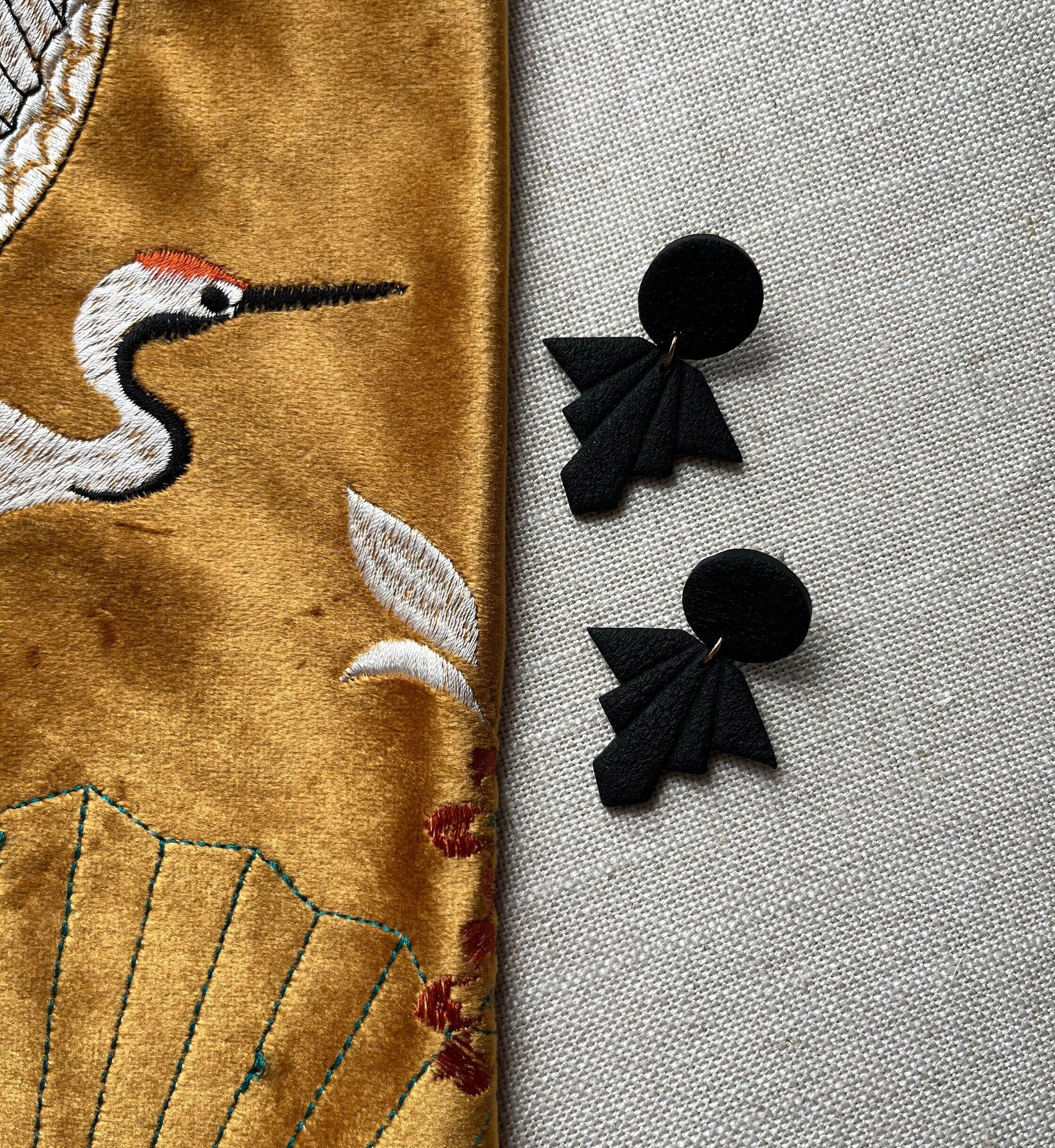 Black Textured Fan Earrings (with Gold jump ring)