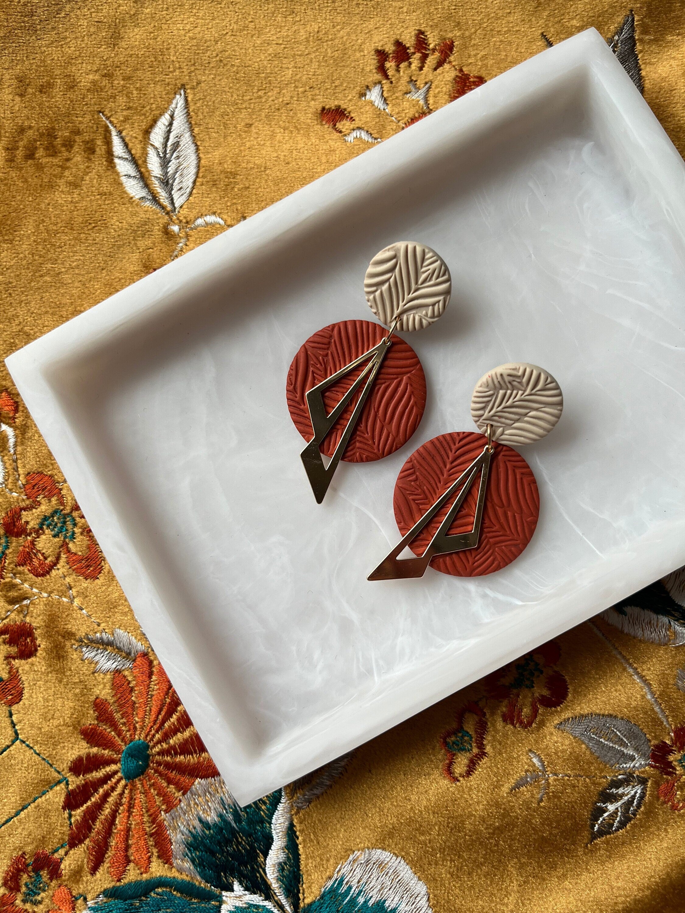 Cream and Terracotta Earrings with 18K Gold Plated Drops