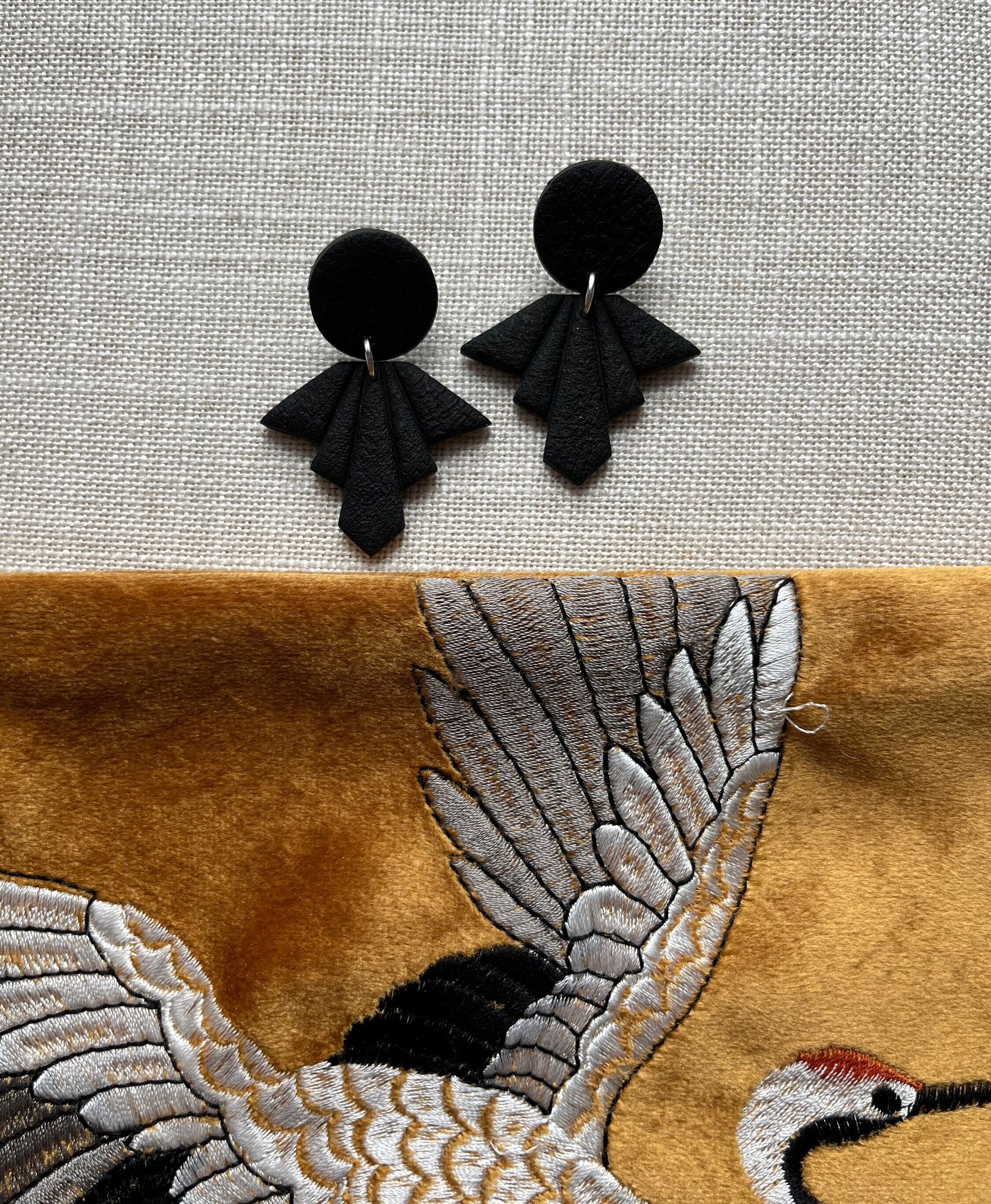 Black Textured Fan Earrings (with Silver jump ring)