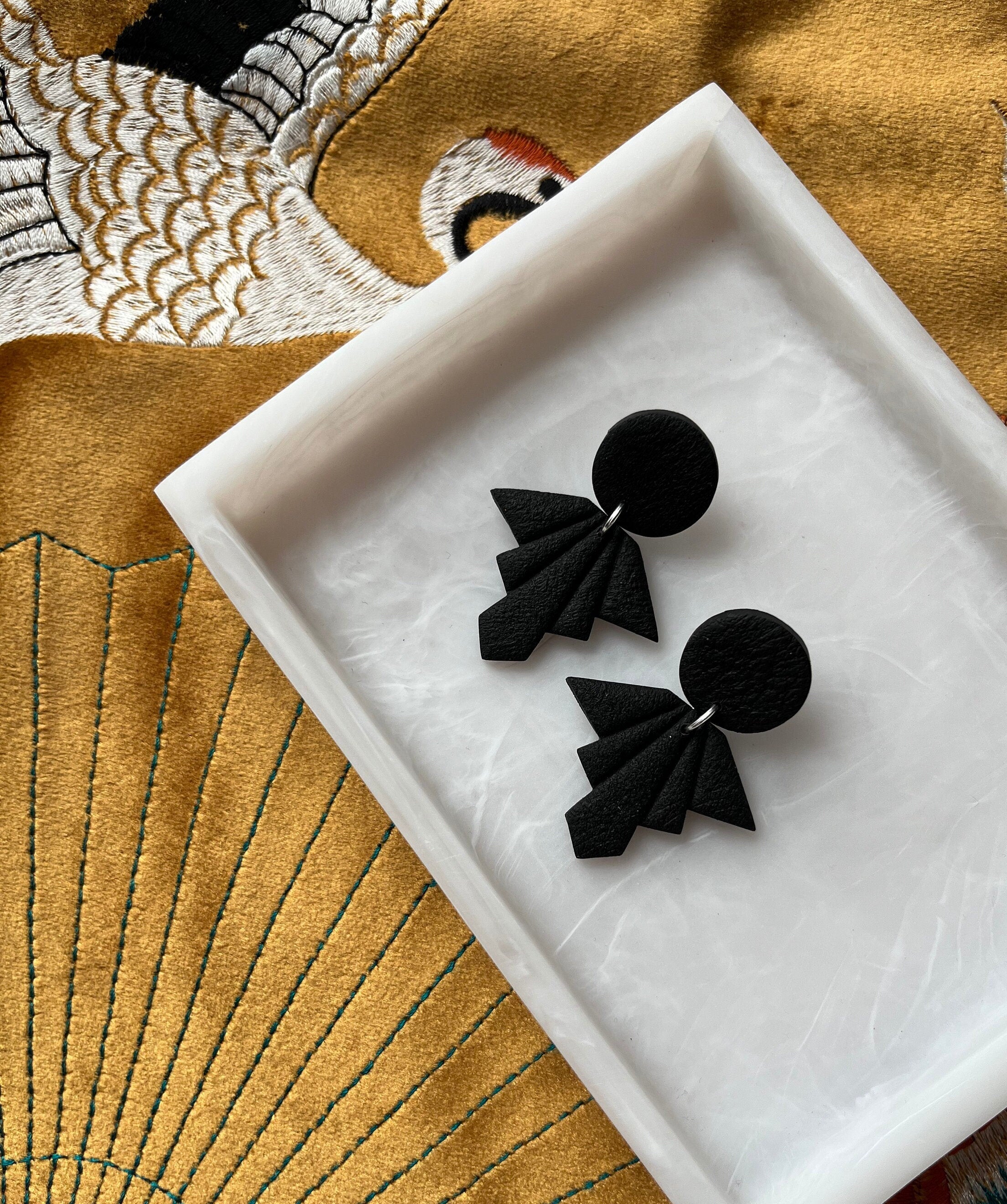 Black Textured Fan Earrings (with Silver jump ring)