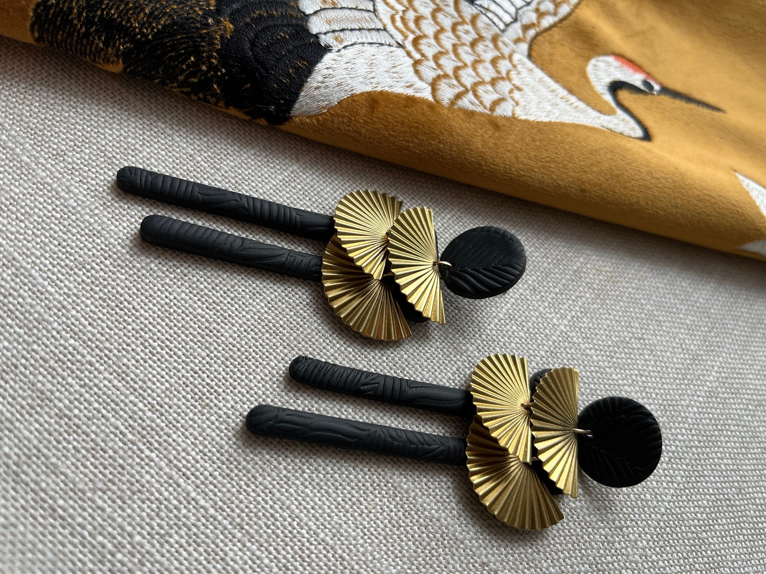 Black Earrings with Brass Fans