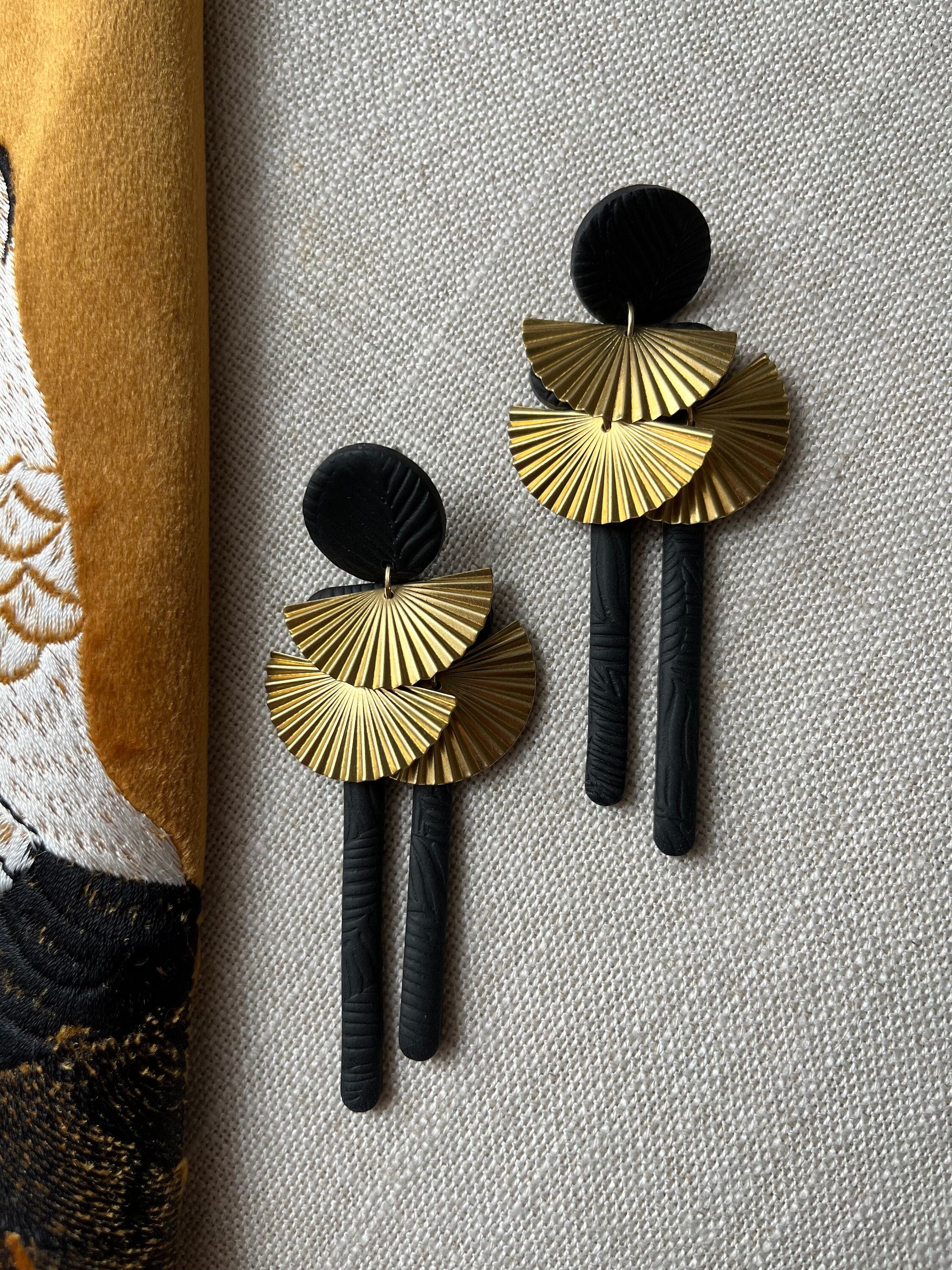 Black Earrings with Brass Fans