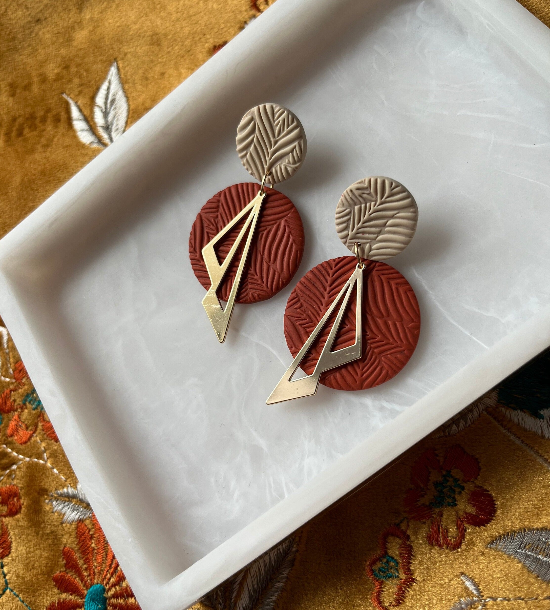 Cream and Terracotta Earrings with 18K Gold Plated Drops