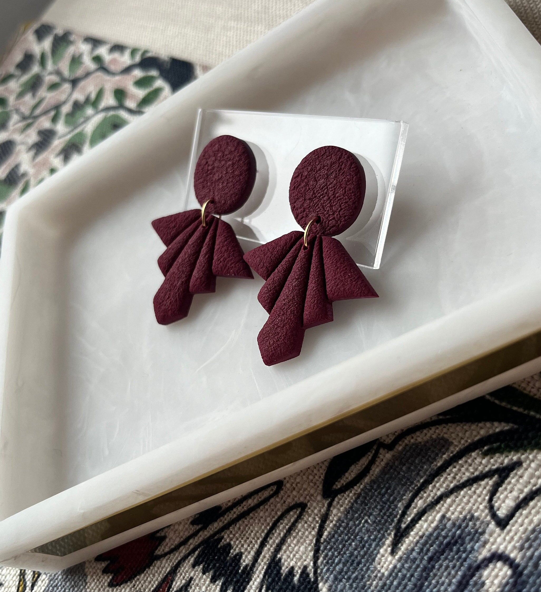 Burgundy Textured Fan Earrings