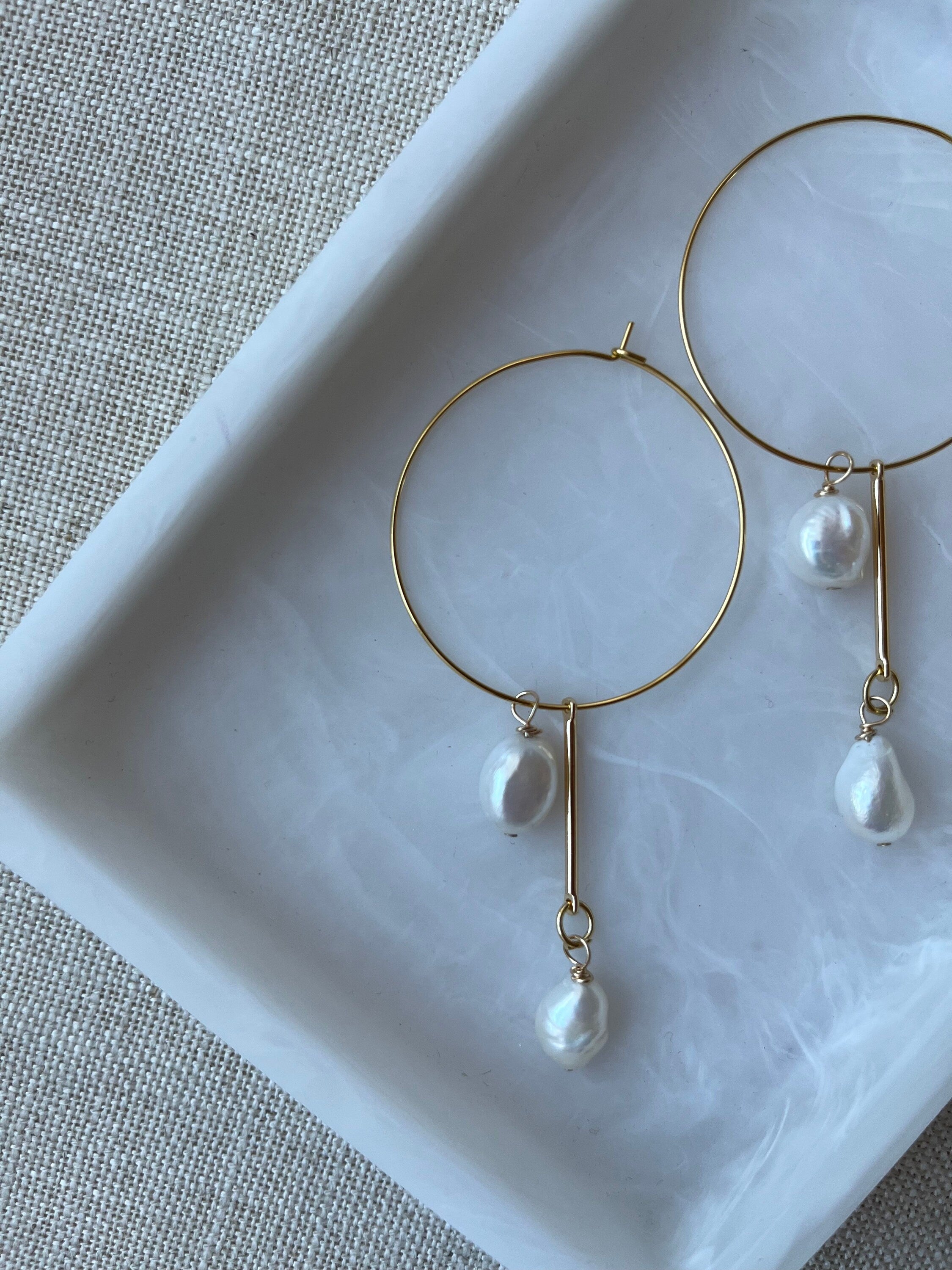 18K Gold Plated Hoop Earrings with Large Freshwater Baroque Pearls