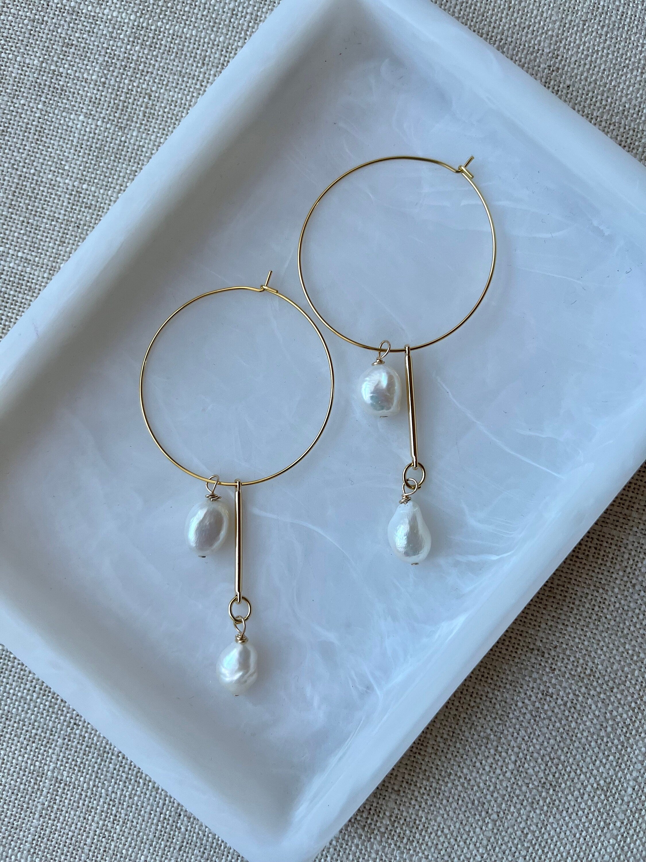 18K Gold Plated Hoop Earrings with Large Freshwater Baroque Pearls