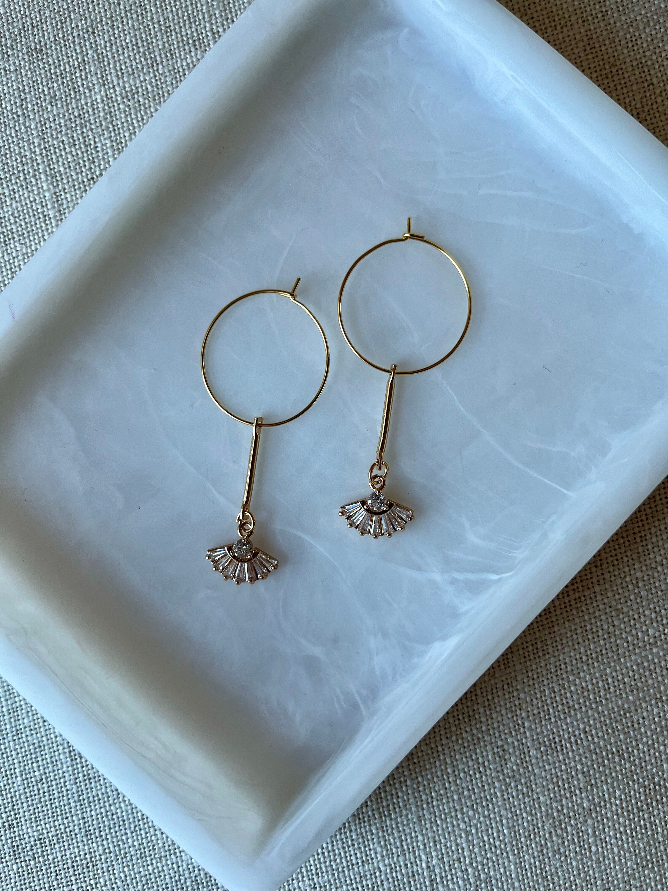 Vintage Inspired 18K Gold Plated Hoops with Cubic Zirconia Fan