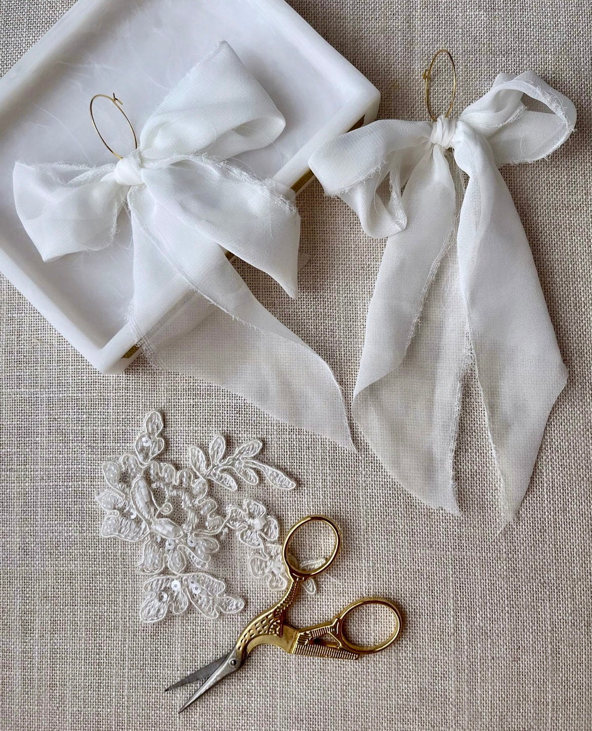 Handmade Chiffon Bow Earrings on 18K Gold Plated Hoops - Limited Edition