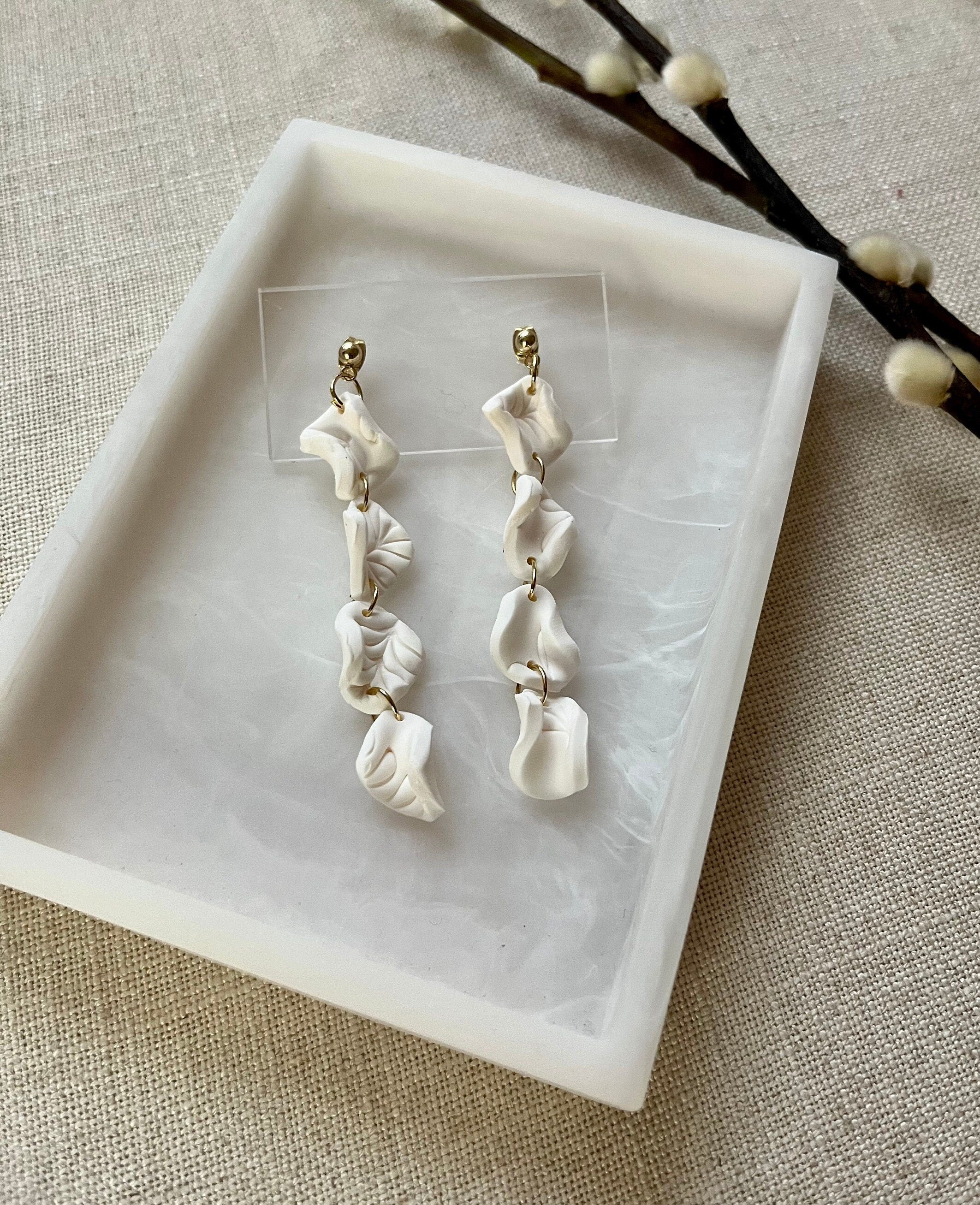 White Floral Drop Earrings with 18K Gold Plated Studs