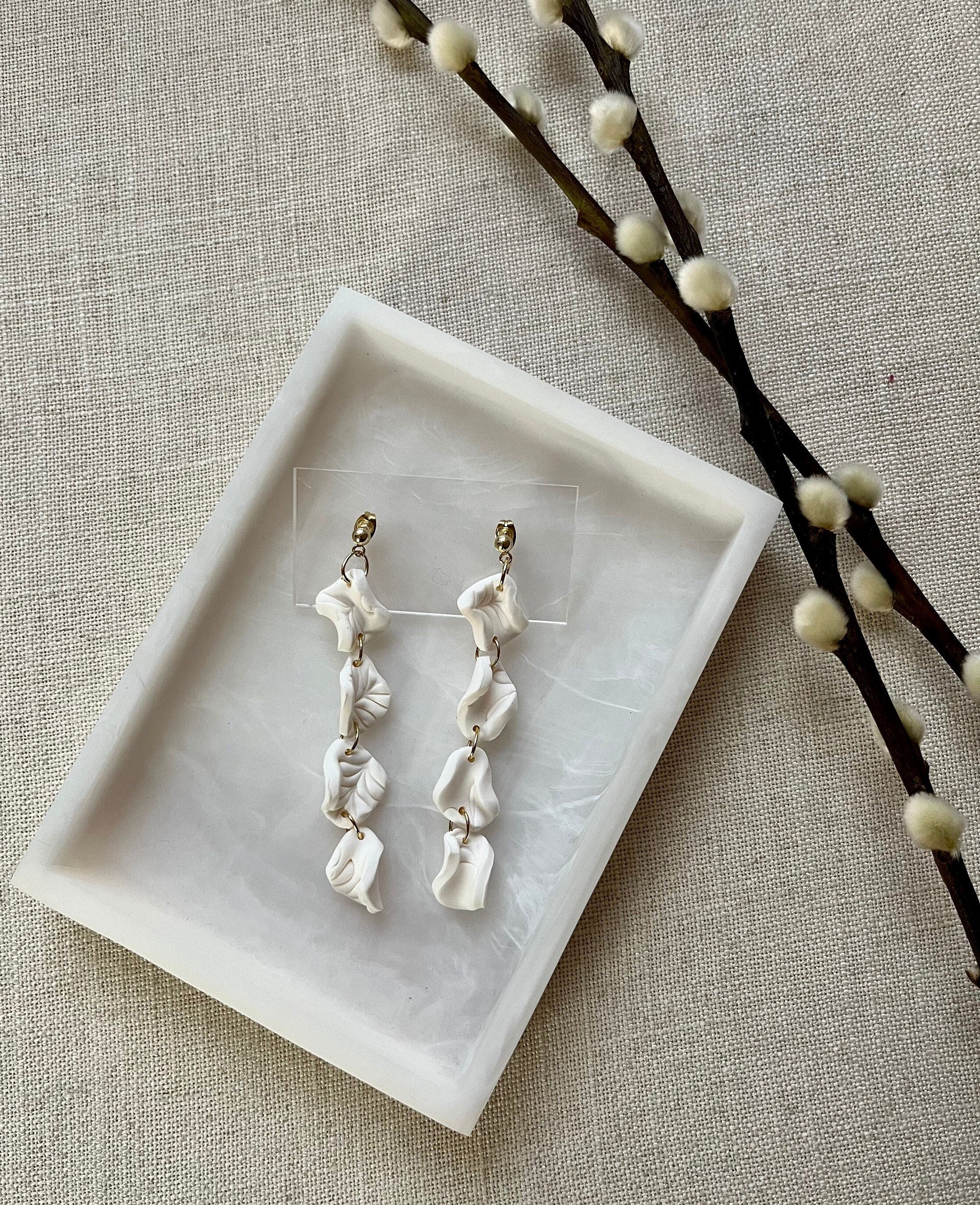 White Floral Drop Earrings with 18K Gold Plated Studs