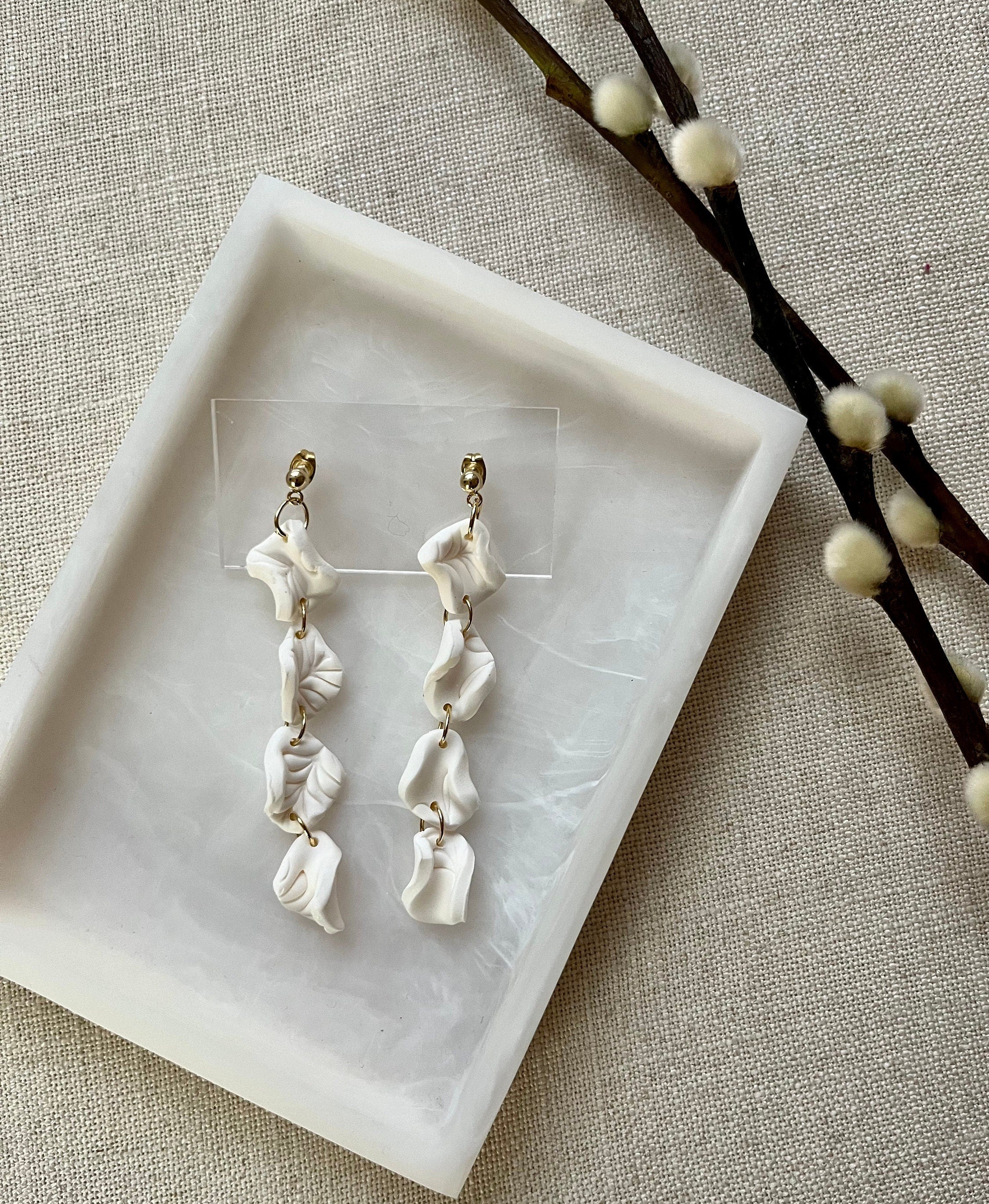 White Floral Drop Earrings with 18K Gold Plated Studs