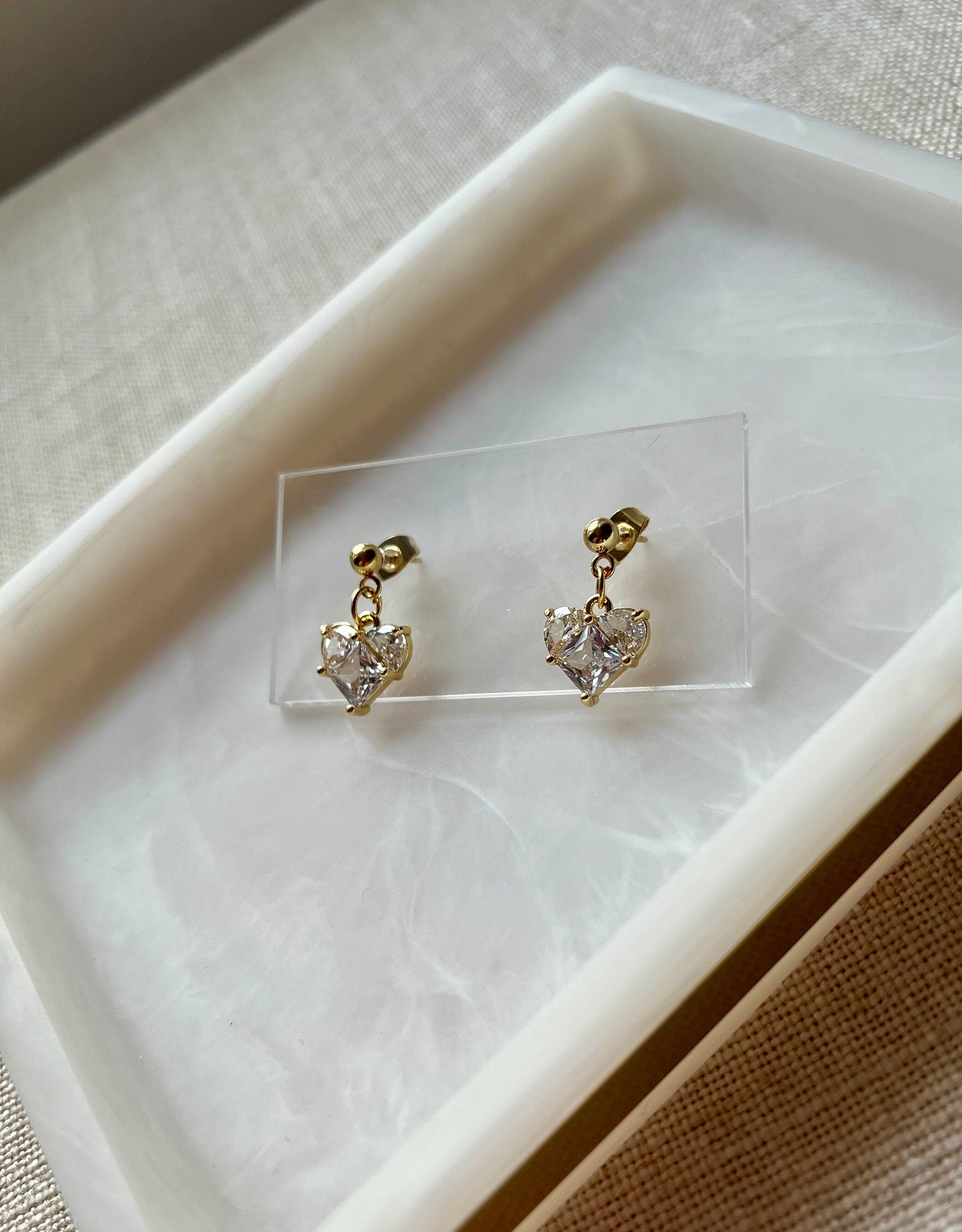 18K Gold Plated Ball Studs with Cubic Zirconia Heart Crystal
