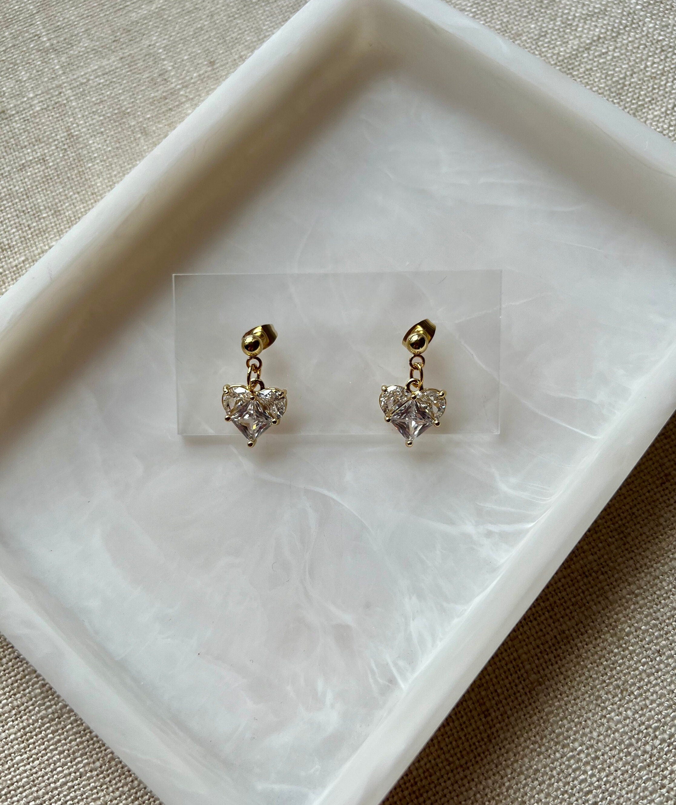 18K Gold Plated Ball Studs with Cubic Zirconia Heart Crystal