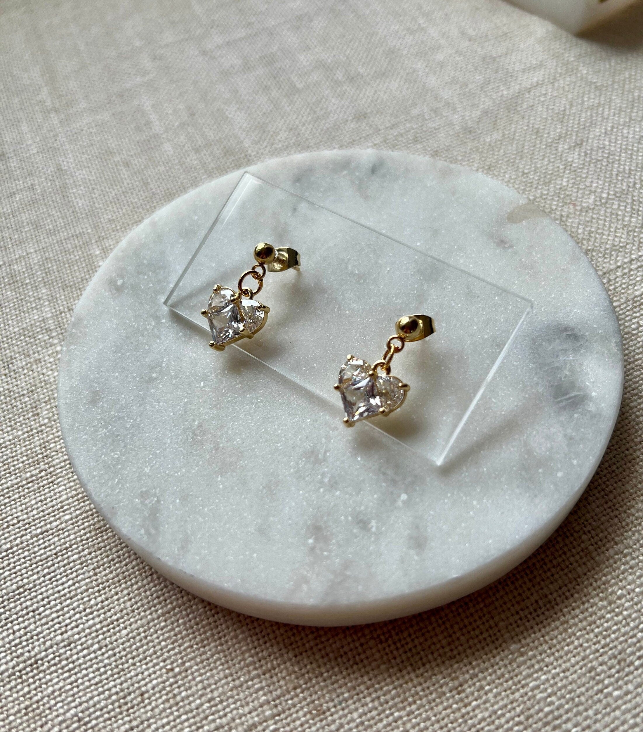 18K Gold Plated Ball Studs with Cubic Zirconia Heart Crystal