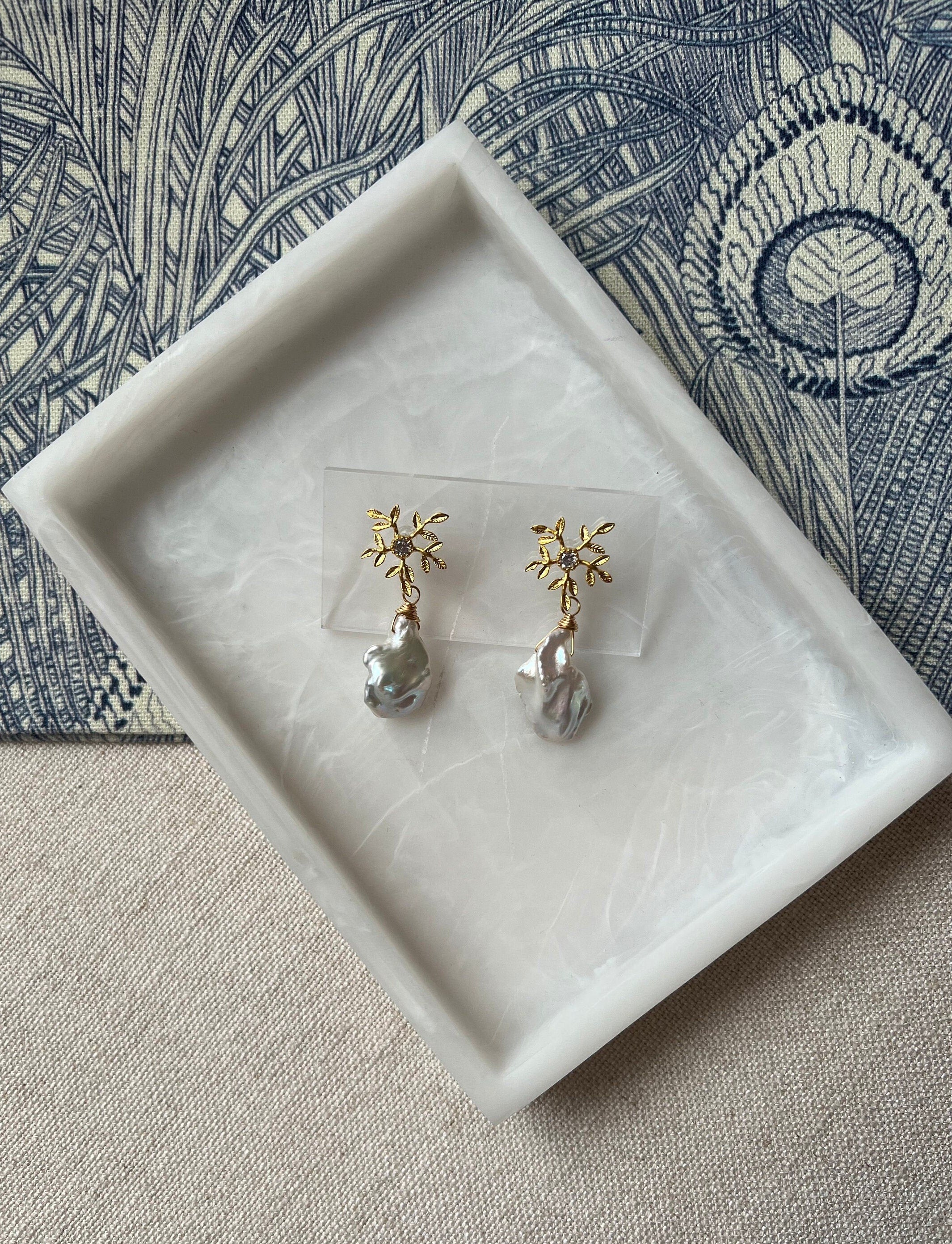 Matte Gold Floral Earrings with Large Freshwater Baroque Pearls