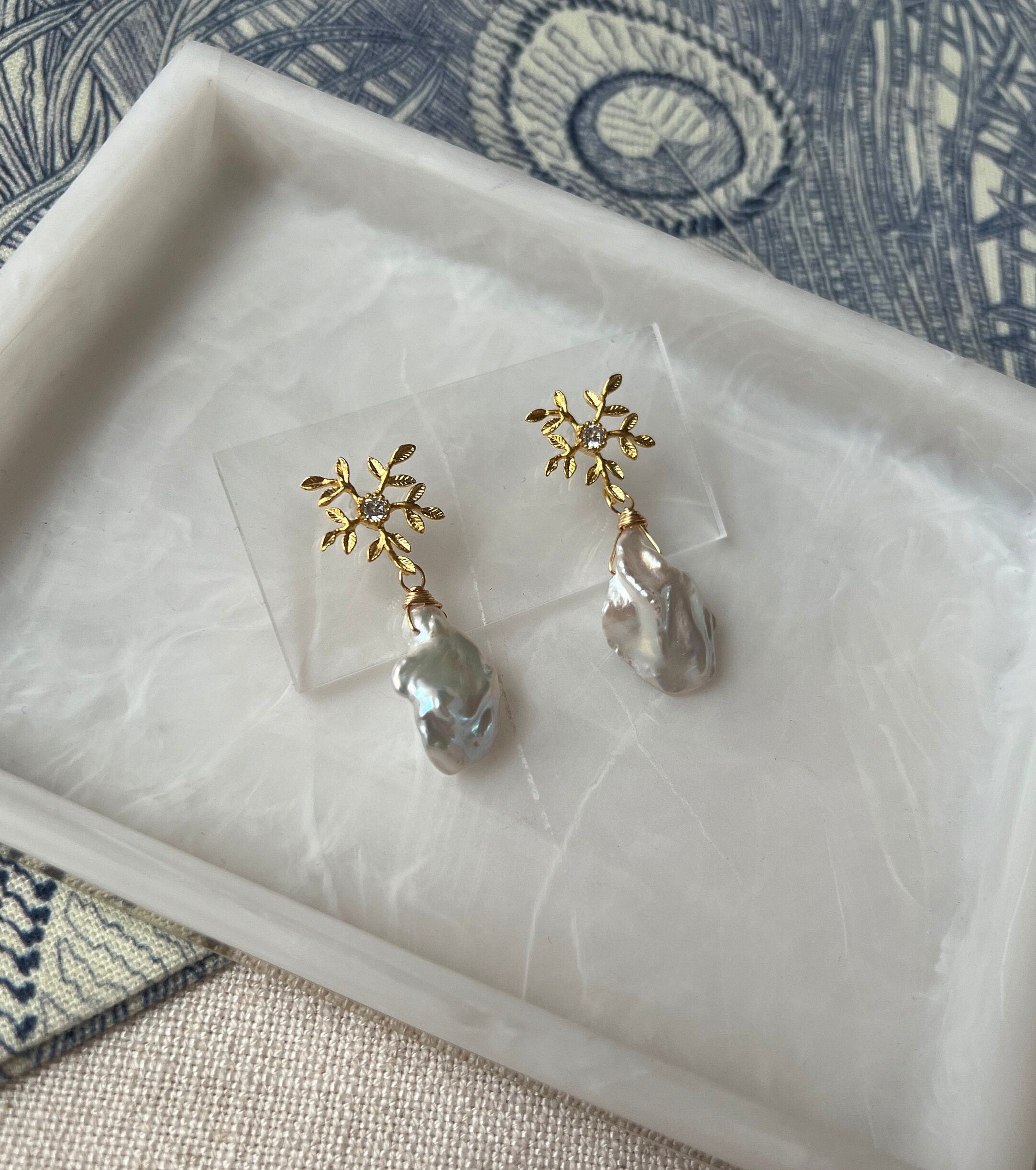 Matte Gold Floral Earrings with Large Freshwater Baroque Pearls