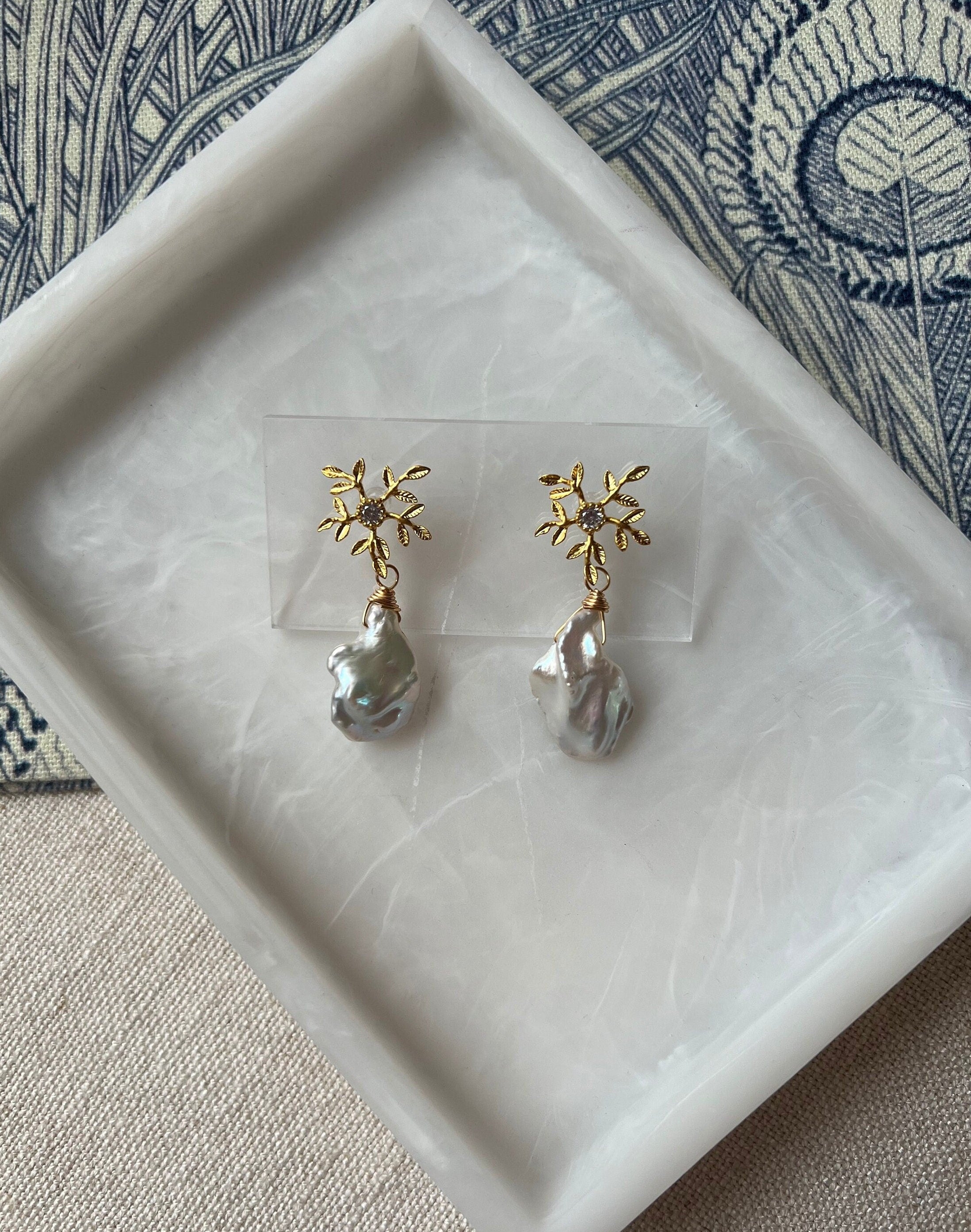 Matte Gold Floral Earrings with Large Freshwater Baroque Pearls