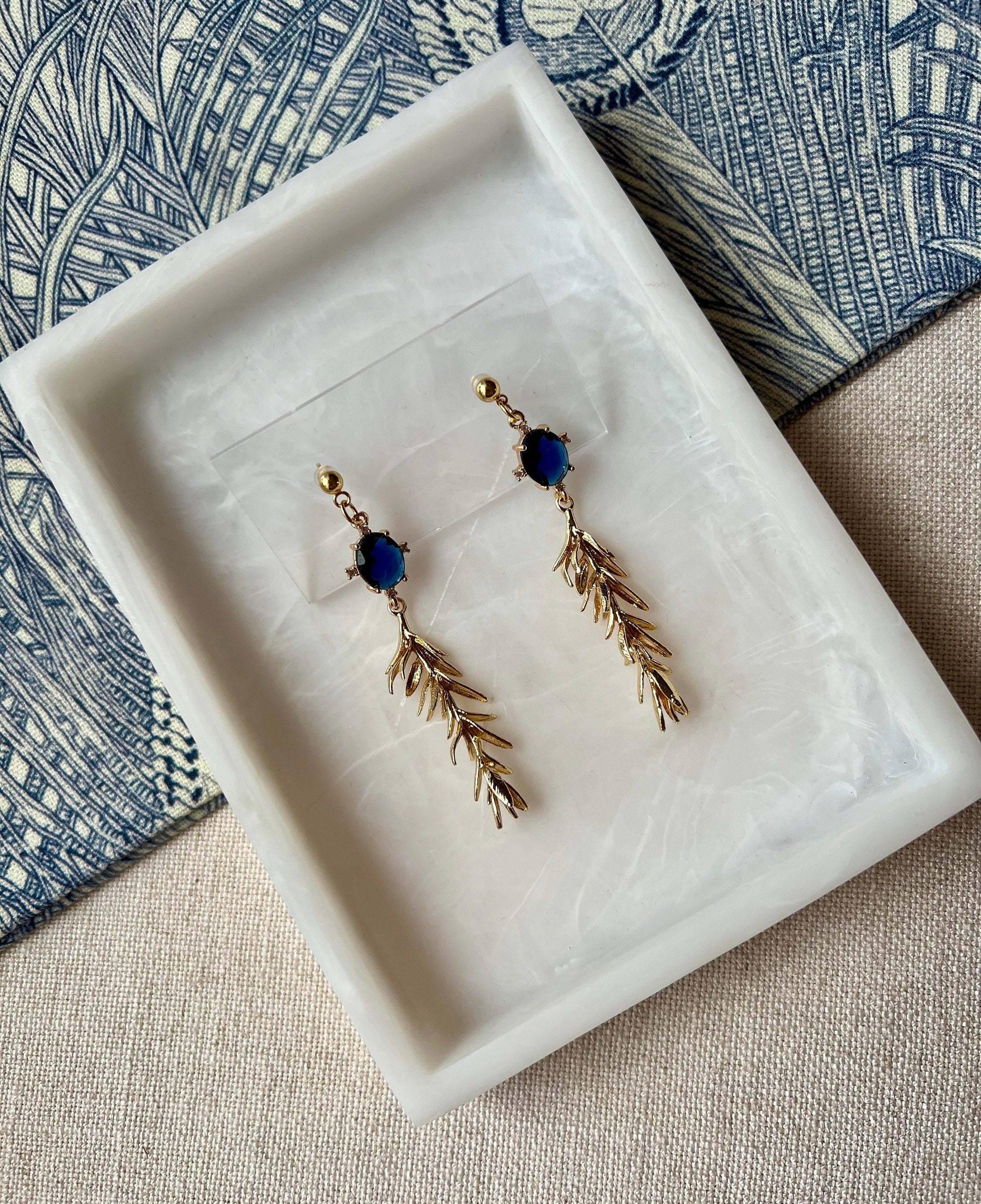 18K Gold Plated Leaf Earrings with Navy Cubic Zirconia