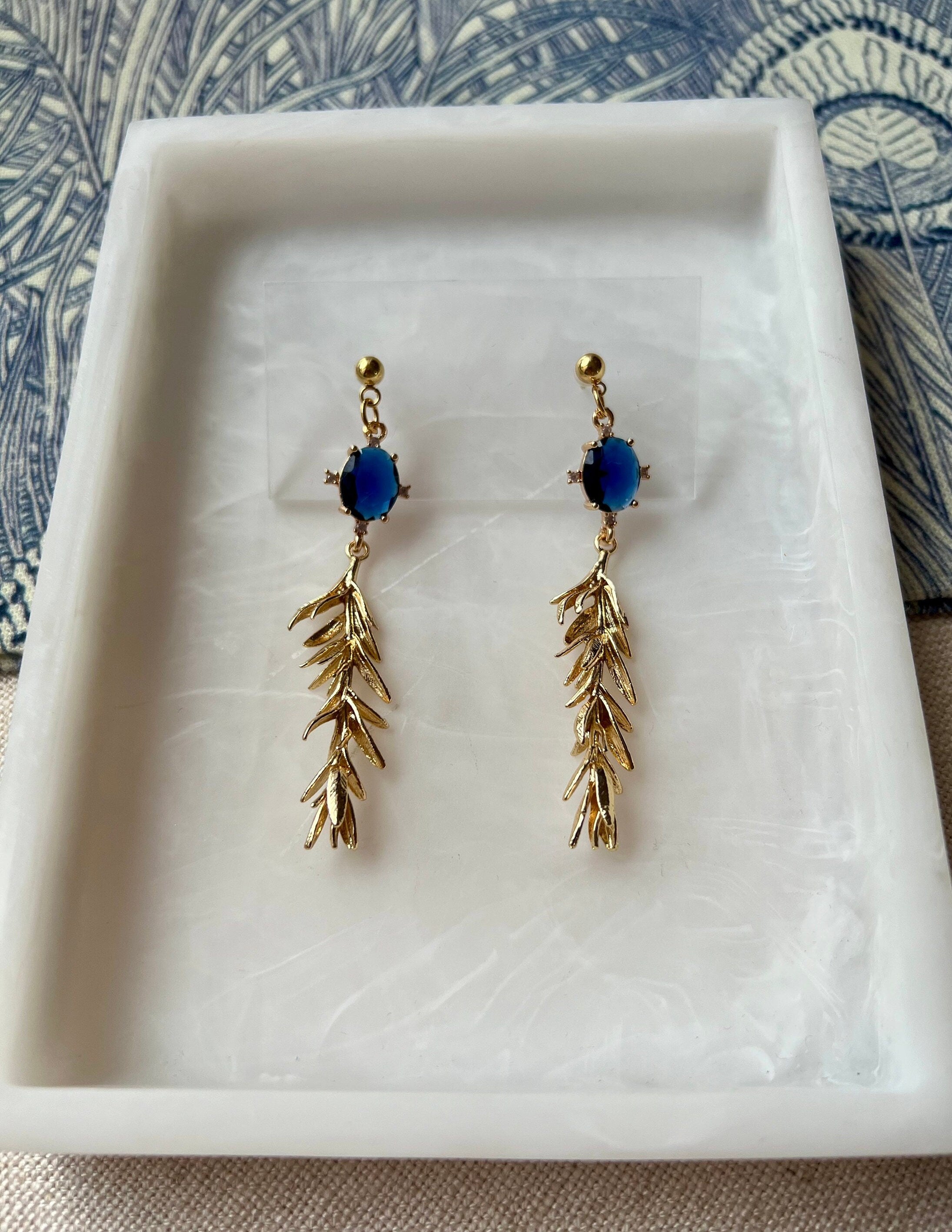 18K Gold Plated Leaf Earrings with Navy Cubic Zirconia