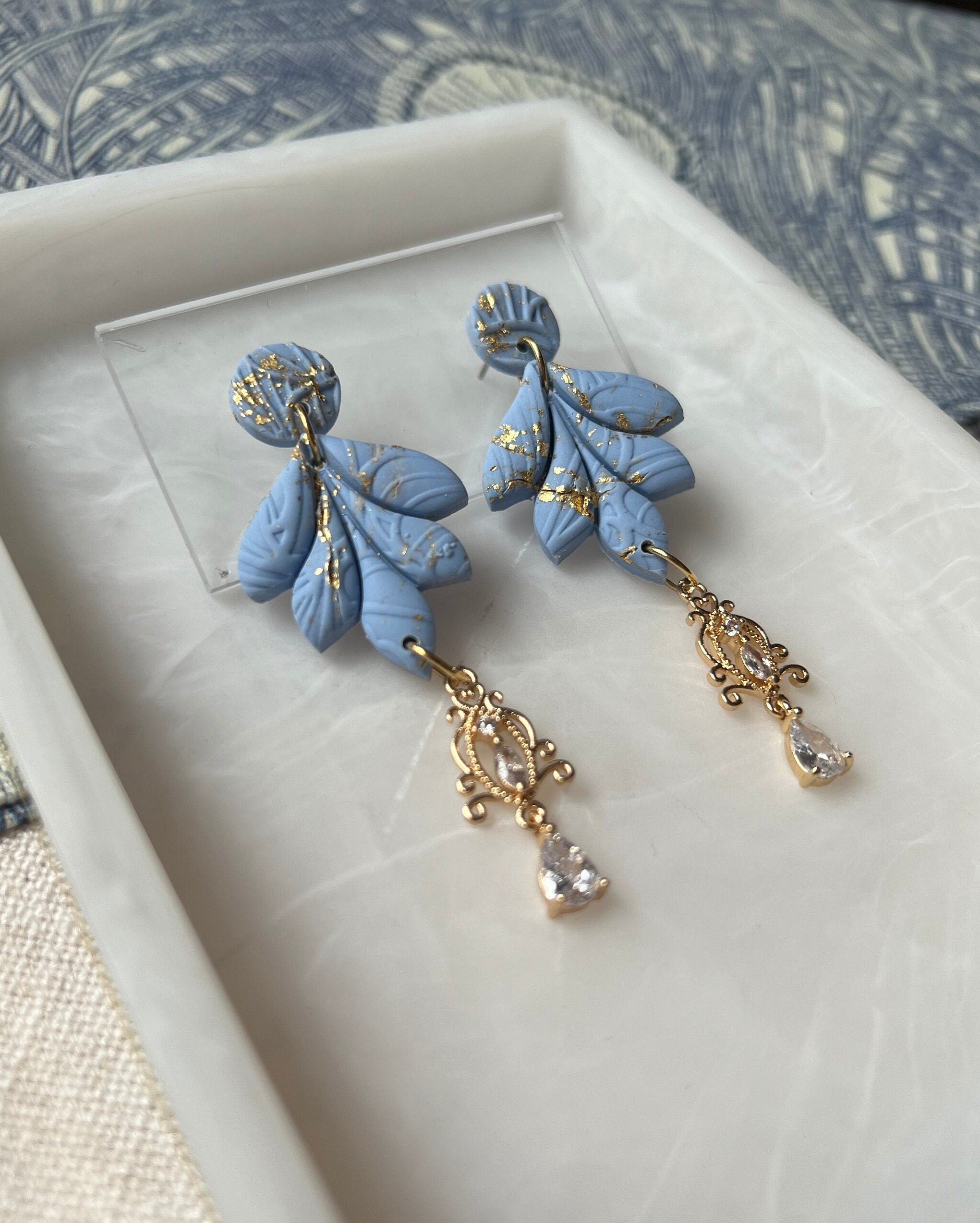 Powder Blue & Gold Leaf Petal Earrings