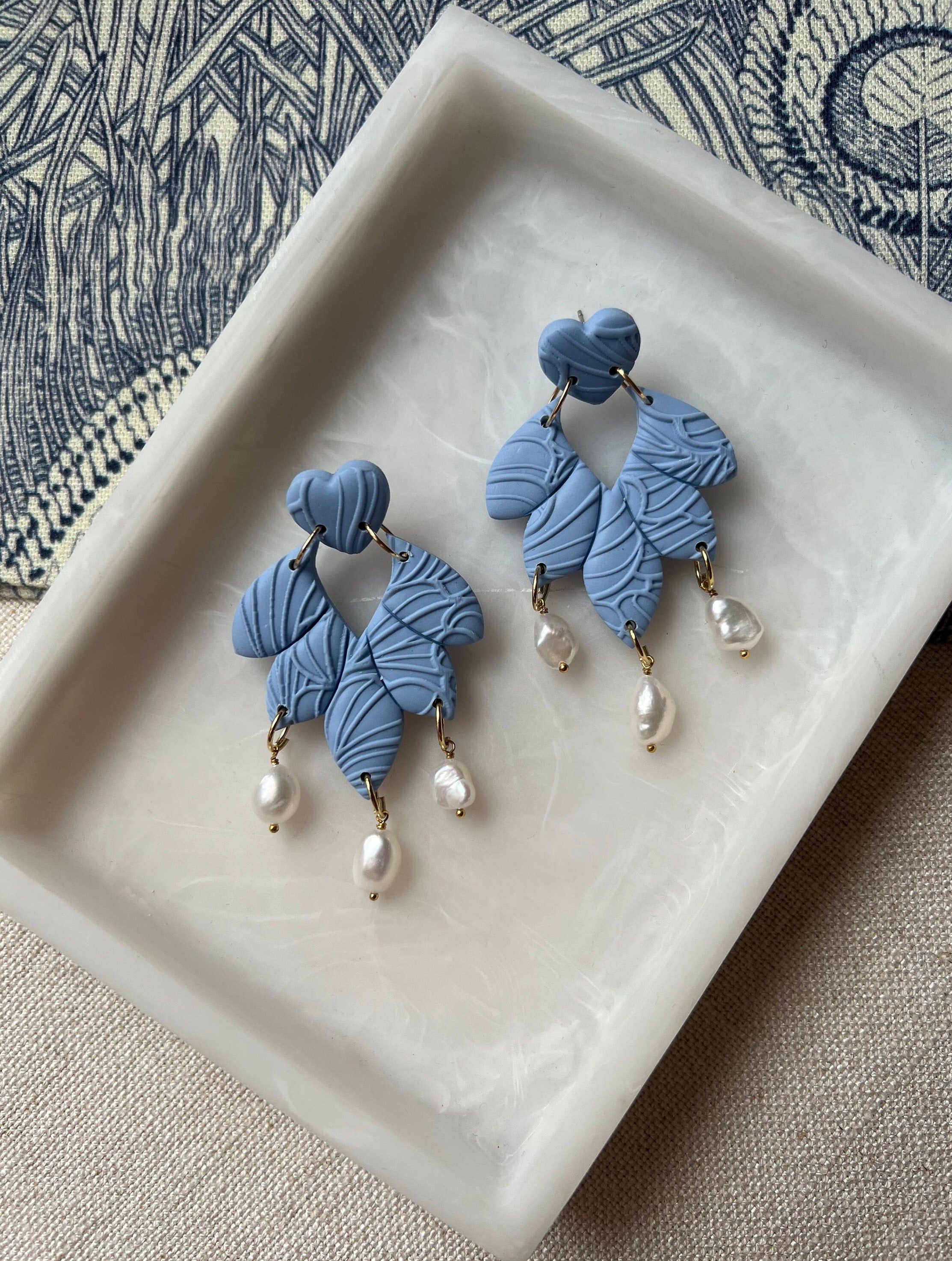 Powder Blue Petal Earrings with Freshwater Baroque Pearls