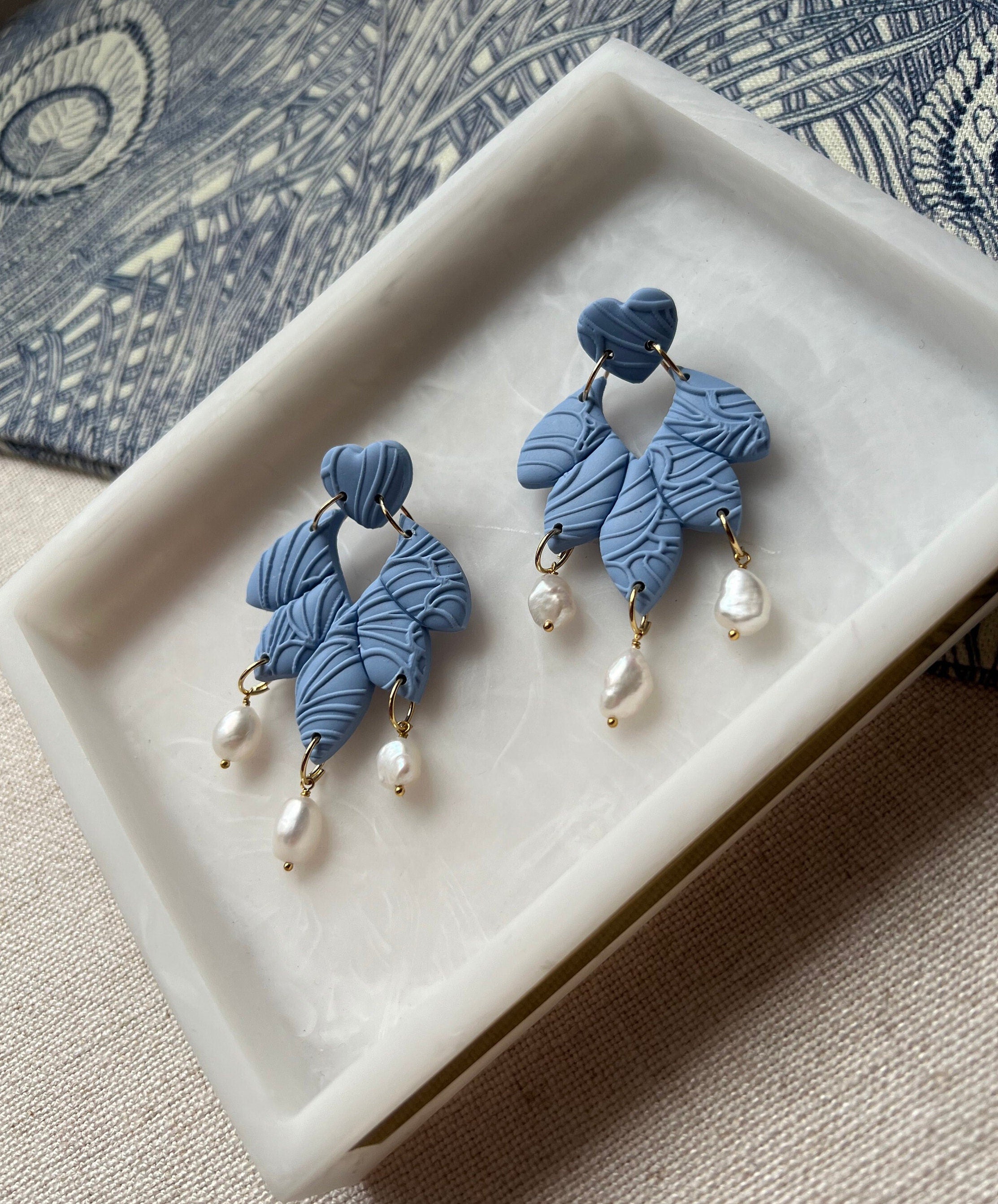 Powder Blue Petal Earrings with Freshwater Baroque Pearls