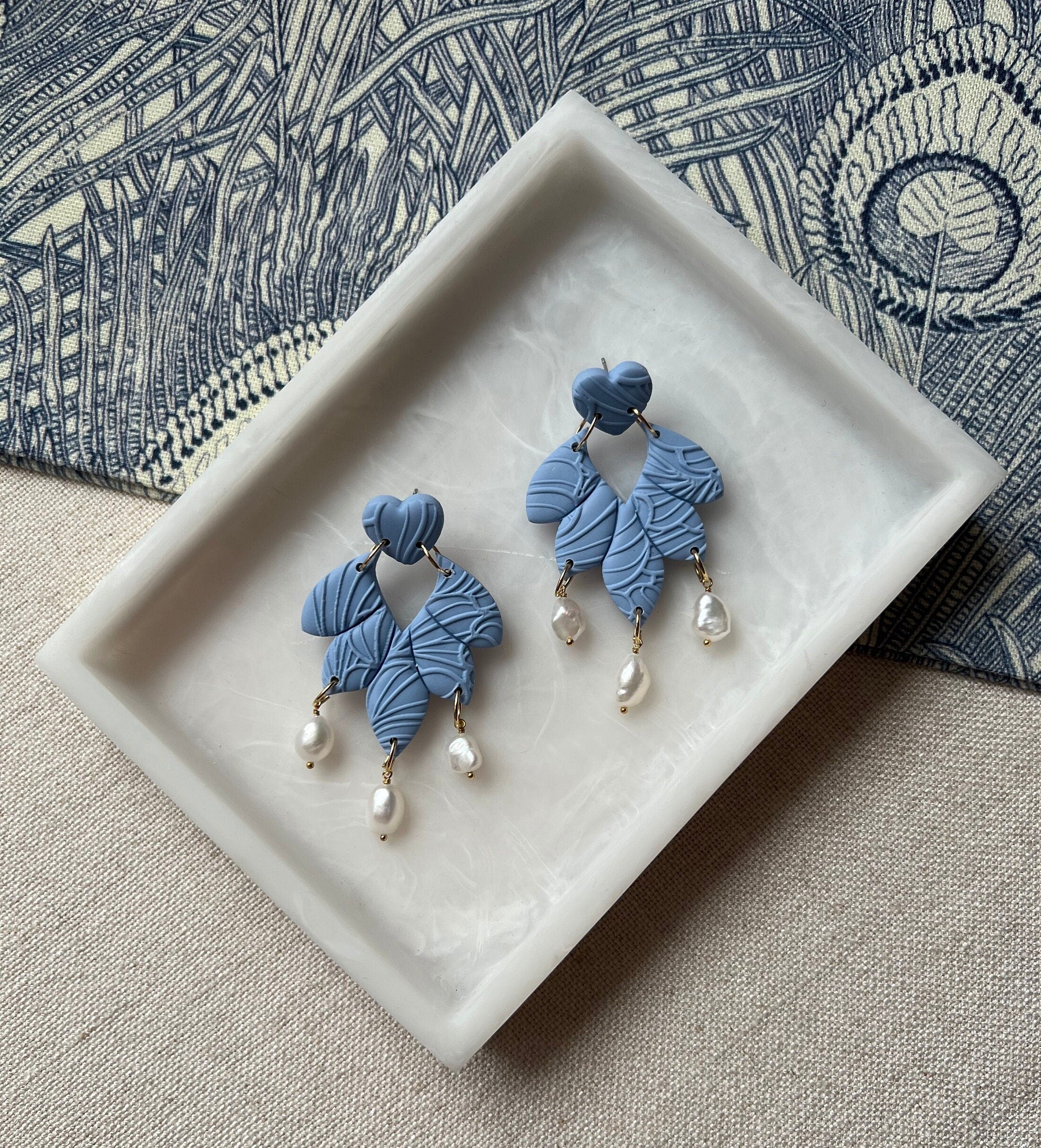 Powder Blue Petal Earrings with Freshwater Baroque Pearls