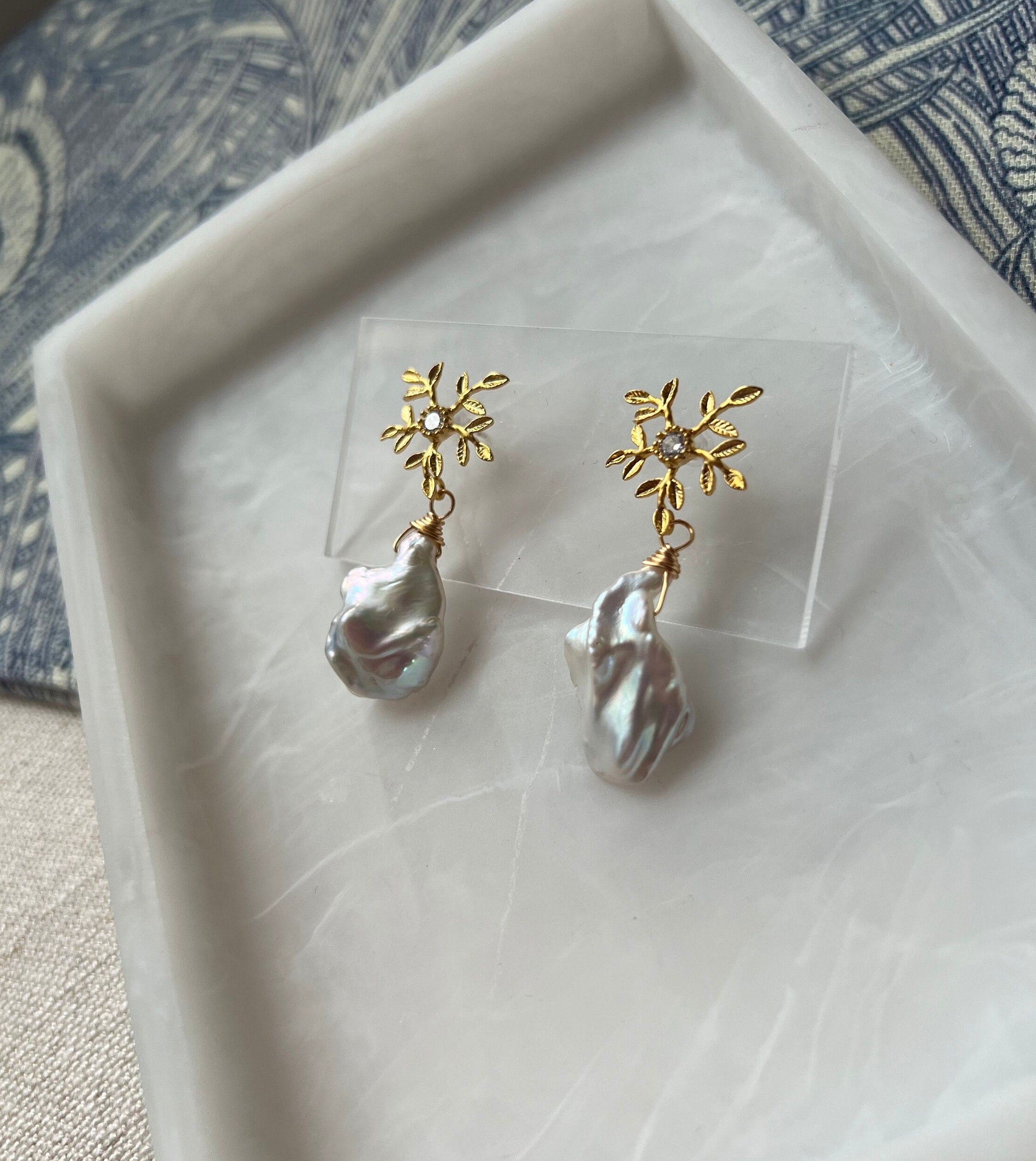 Matte Gold Floral Earrings with Large Freshwater Baroque Pearls