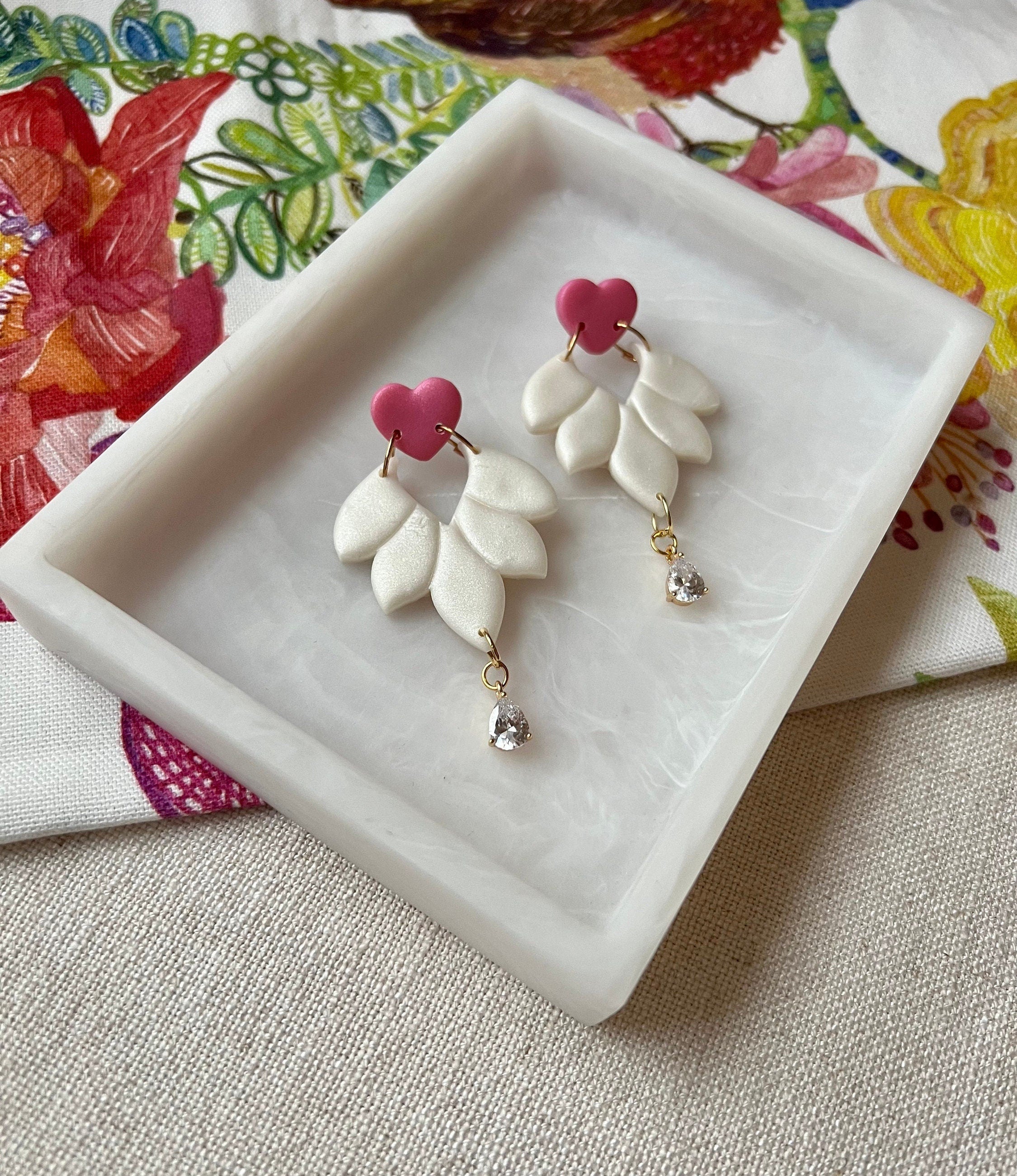 Pink Hearts and Pearl Petal Earrings with Gold Cubic Zirconia Drop