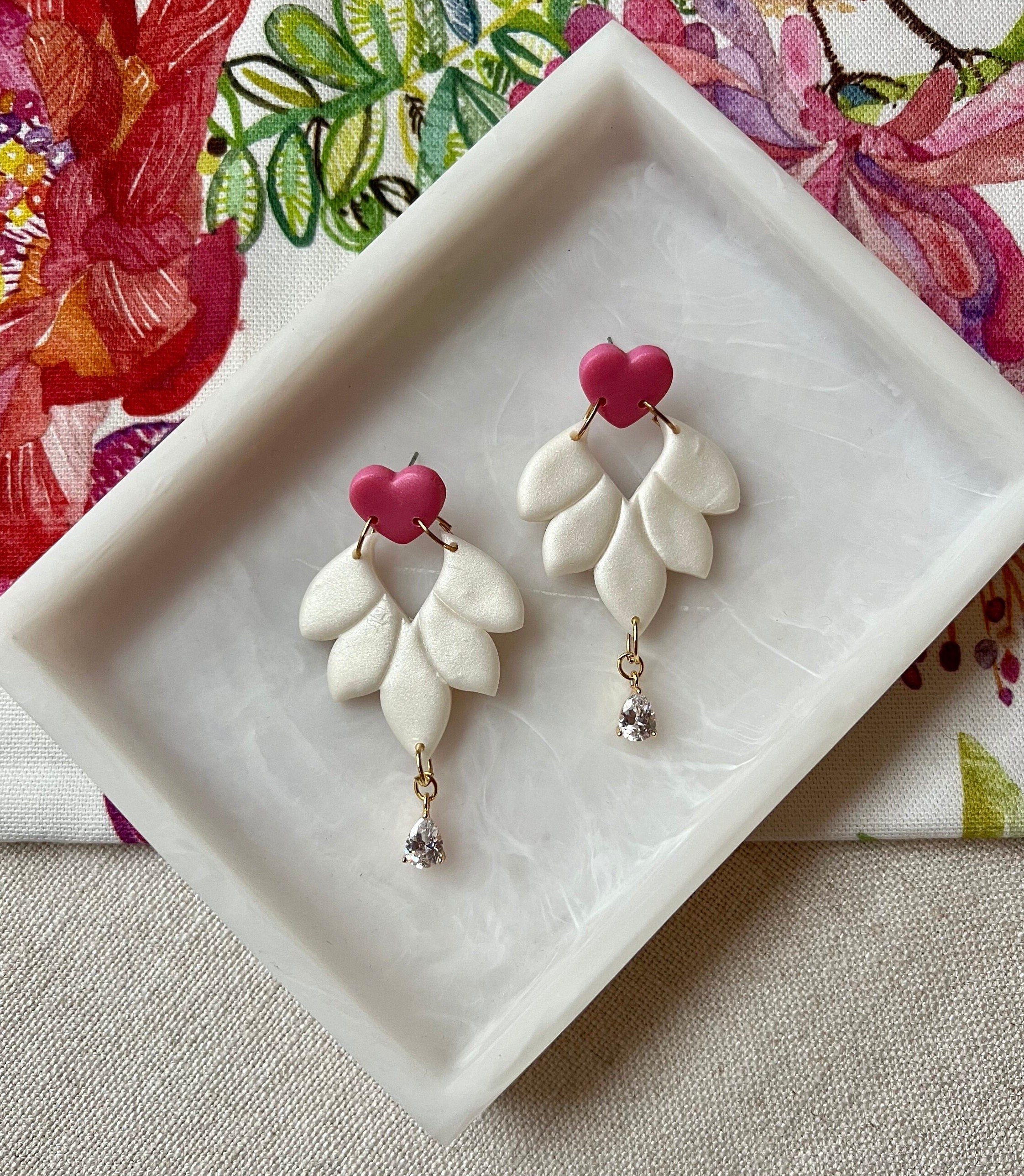 Pink Hearts and Pearl Petal Earrings with Gold Cubic Zirconia Drop