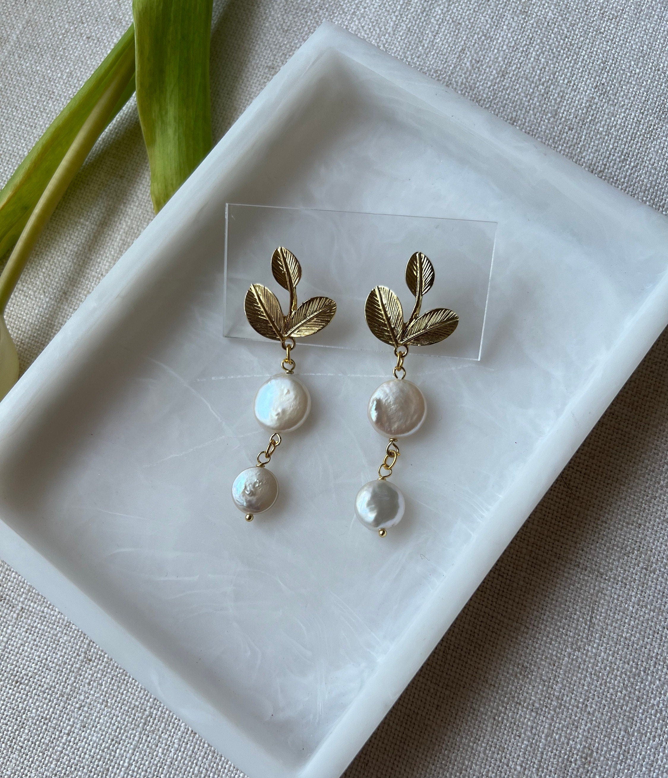 Long Natural Freshwater Pearls with 18K Gold Plated Leaf Studs