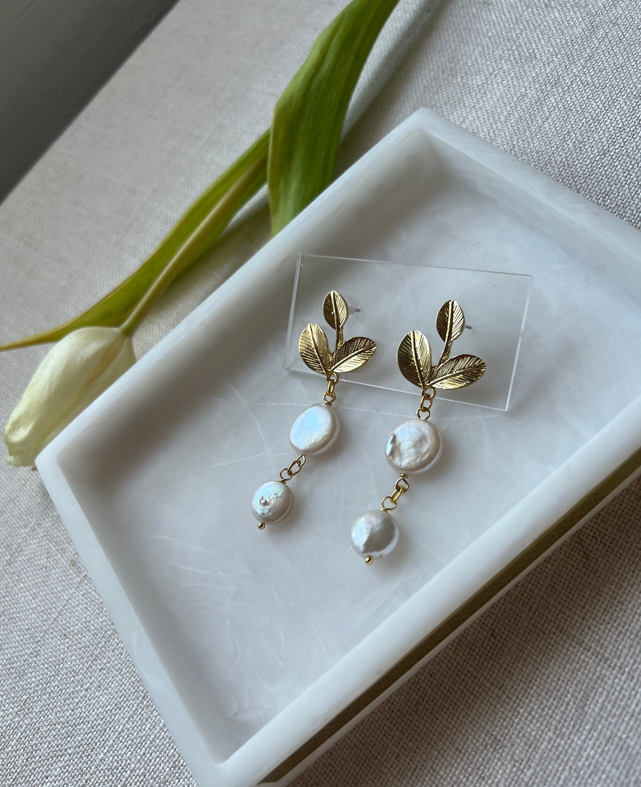 Long Natural Freshwater Pearls with 18K Gold Plated Leaf Studs