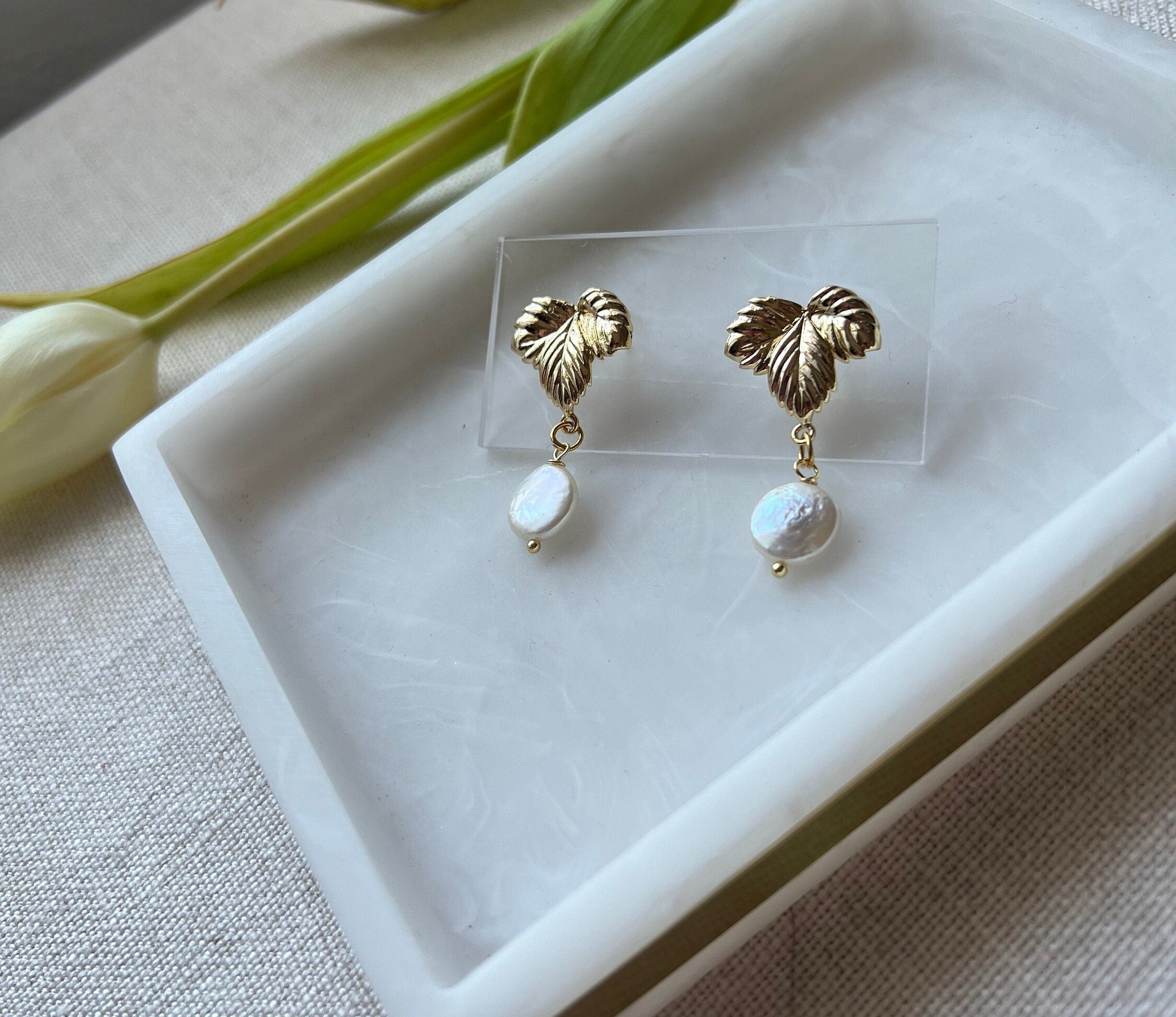 Natural Freshwater Pearls with 18K Gold Plated Leaf Studs