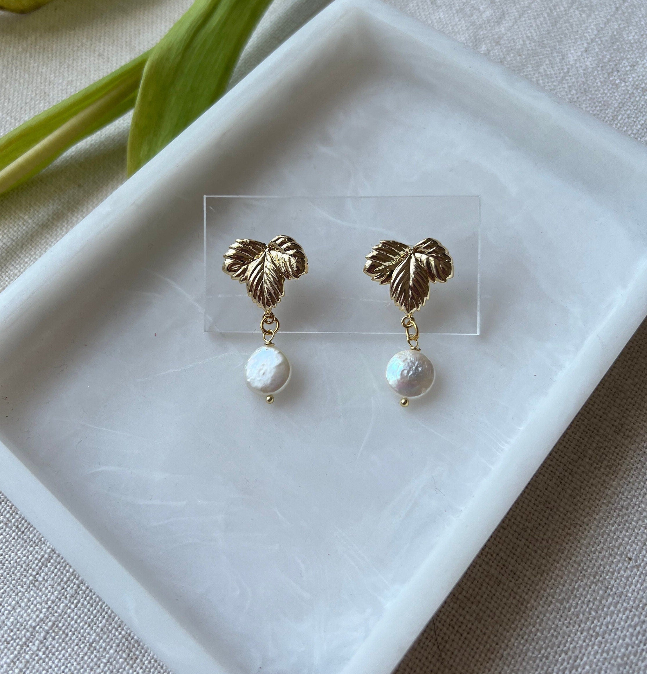 Natural Freshwater Pearls with 18K Gold Plated Leaf Studs