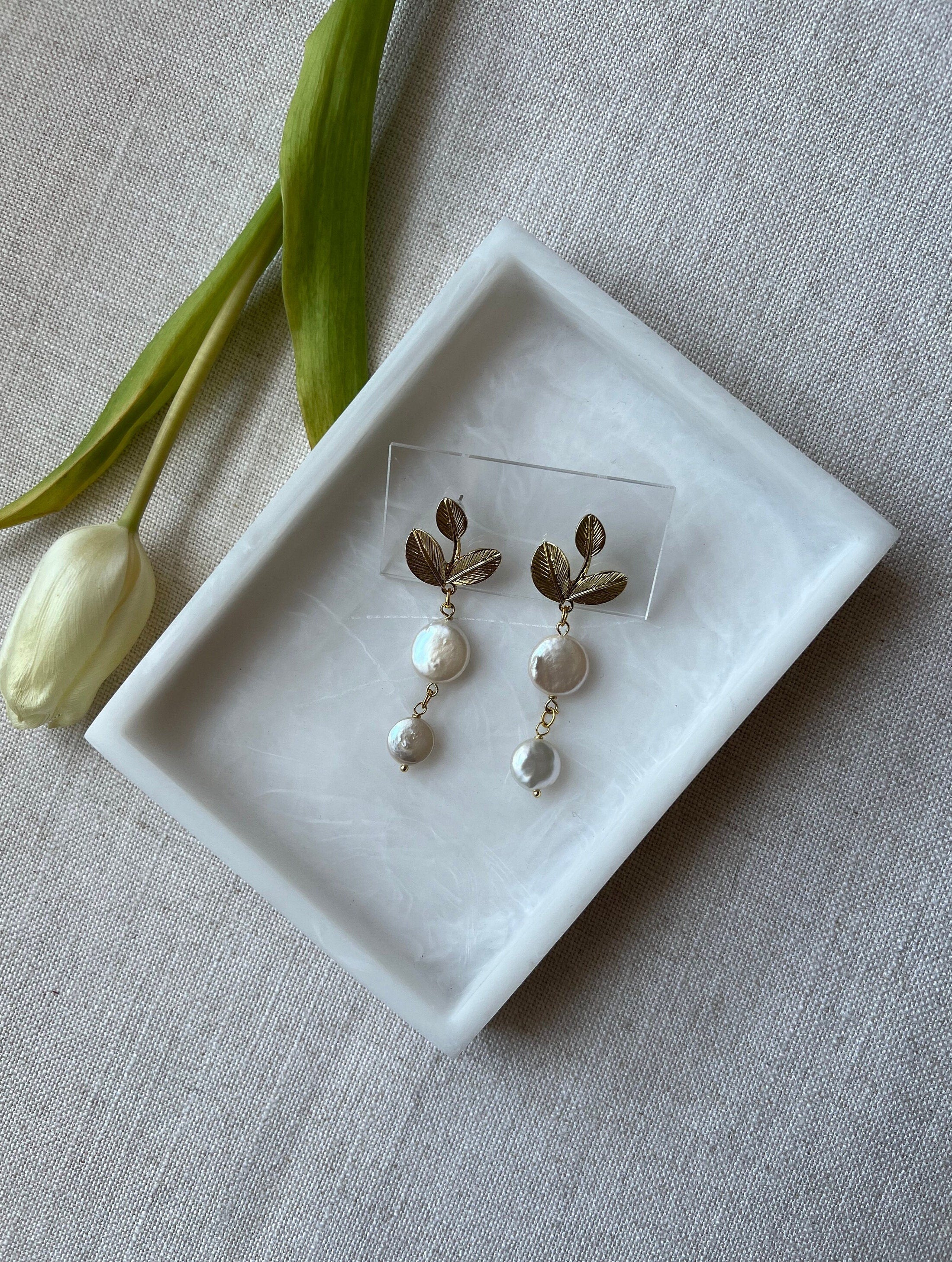 Long Natural Freshwater Pearls with 18K Gold Plated Leaf Studs