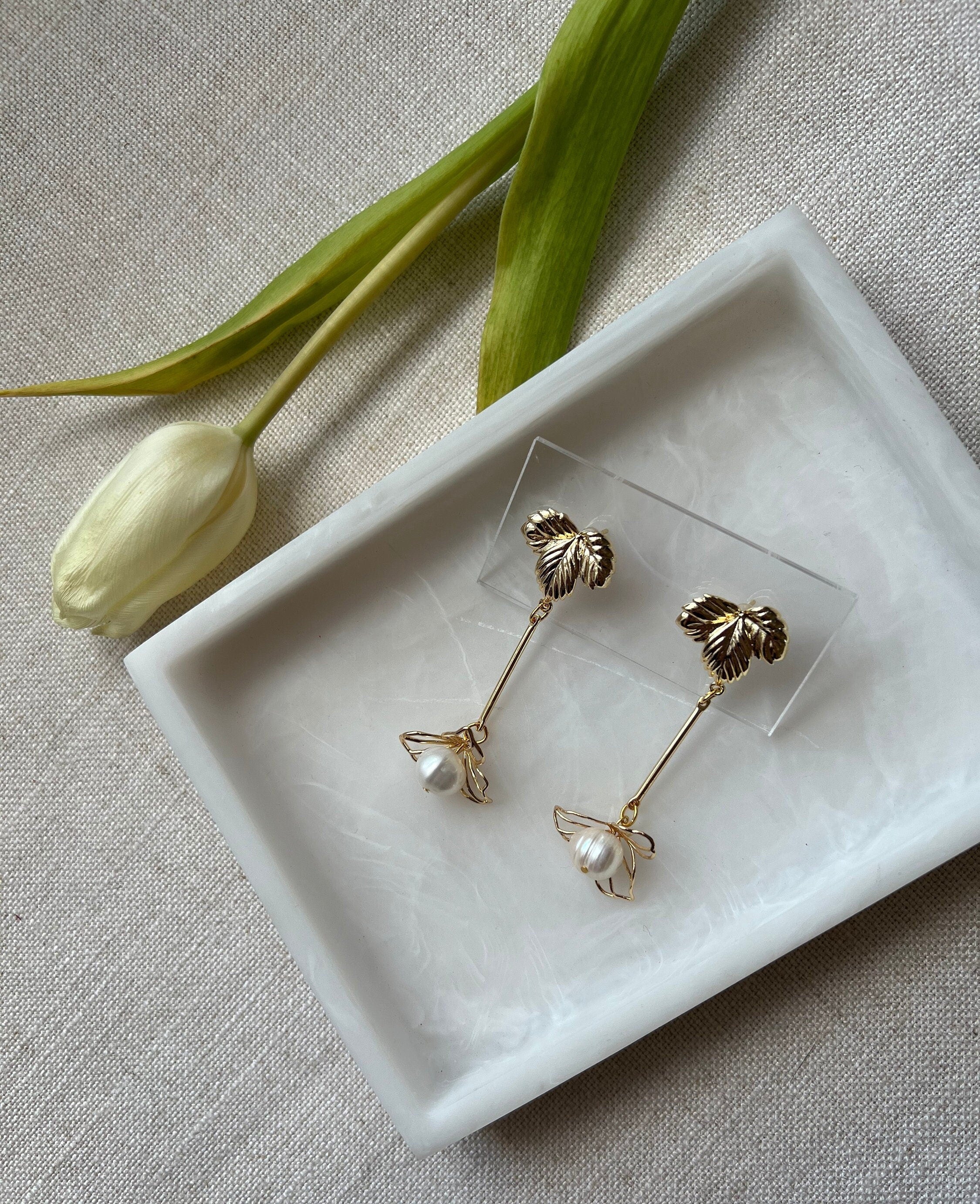 Natural Freshwater Pearls with 18K Gold Plated Leaf Studs
