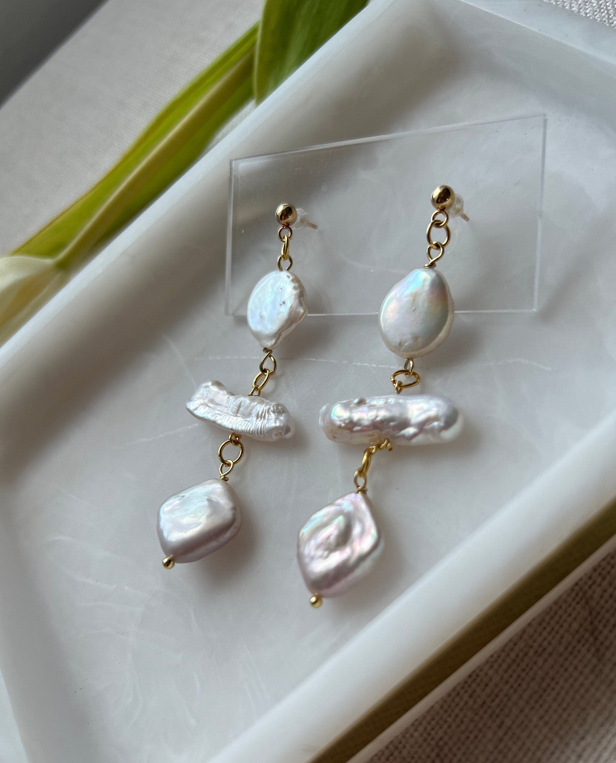 Natural Freshwater Biwa and Diamond Shaped Pearl Earrings