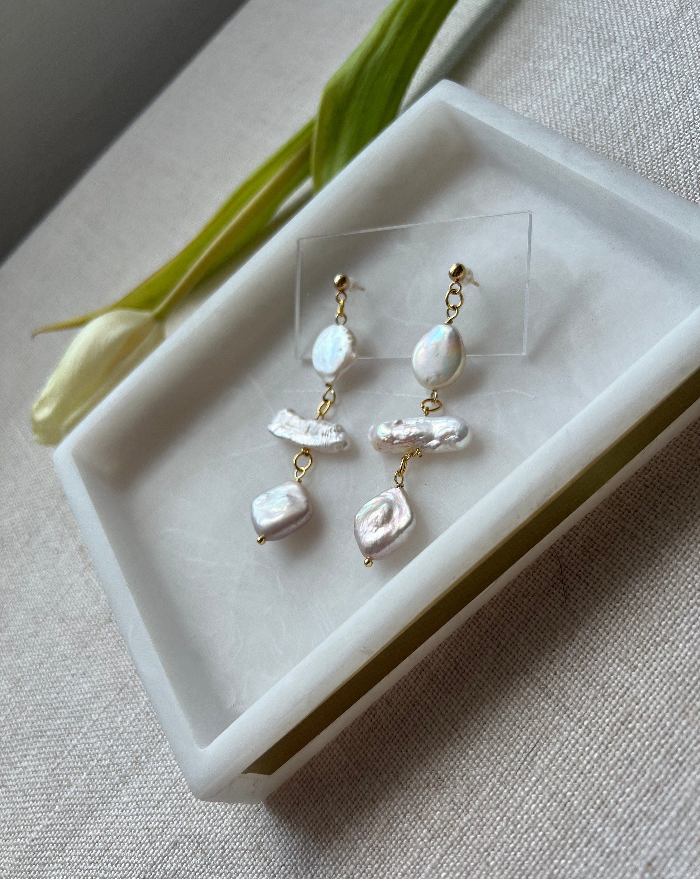 Natural Freshwater Biwa and Diamond Shaped Pearl Earrings