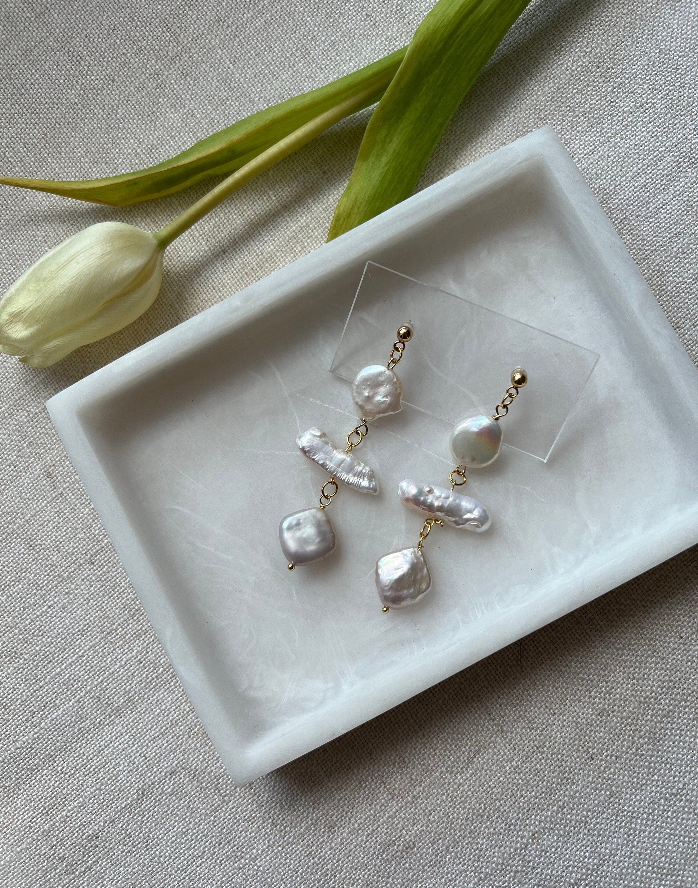 Natural Freshwater Biwa and Diamond Shaped Pearl Earrings