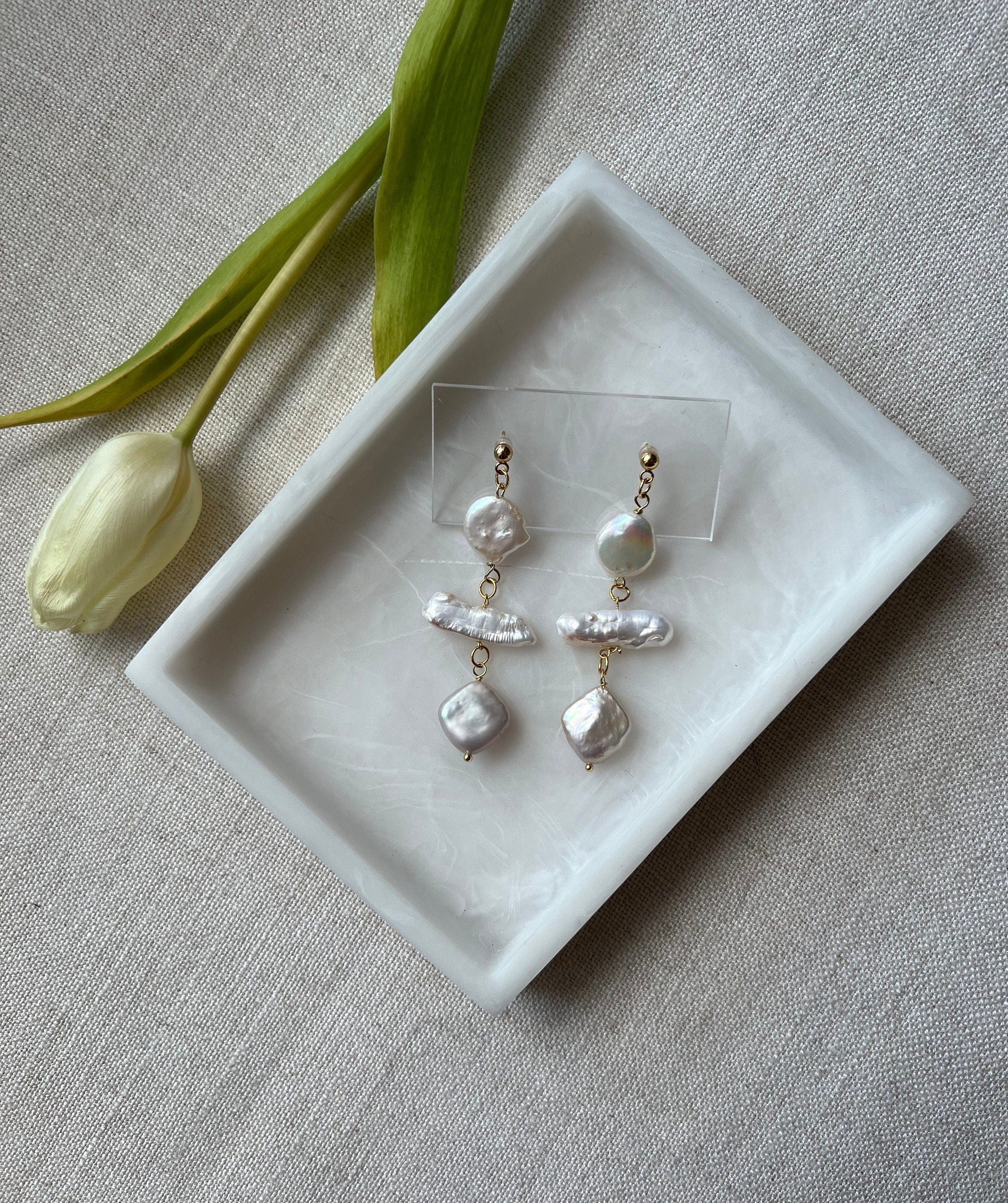 Natural Freshwater Biwa and Diamond Shaped Pearl Earrings