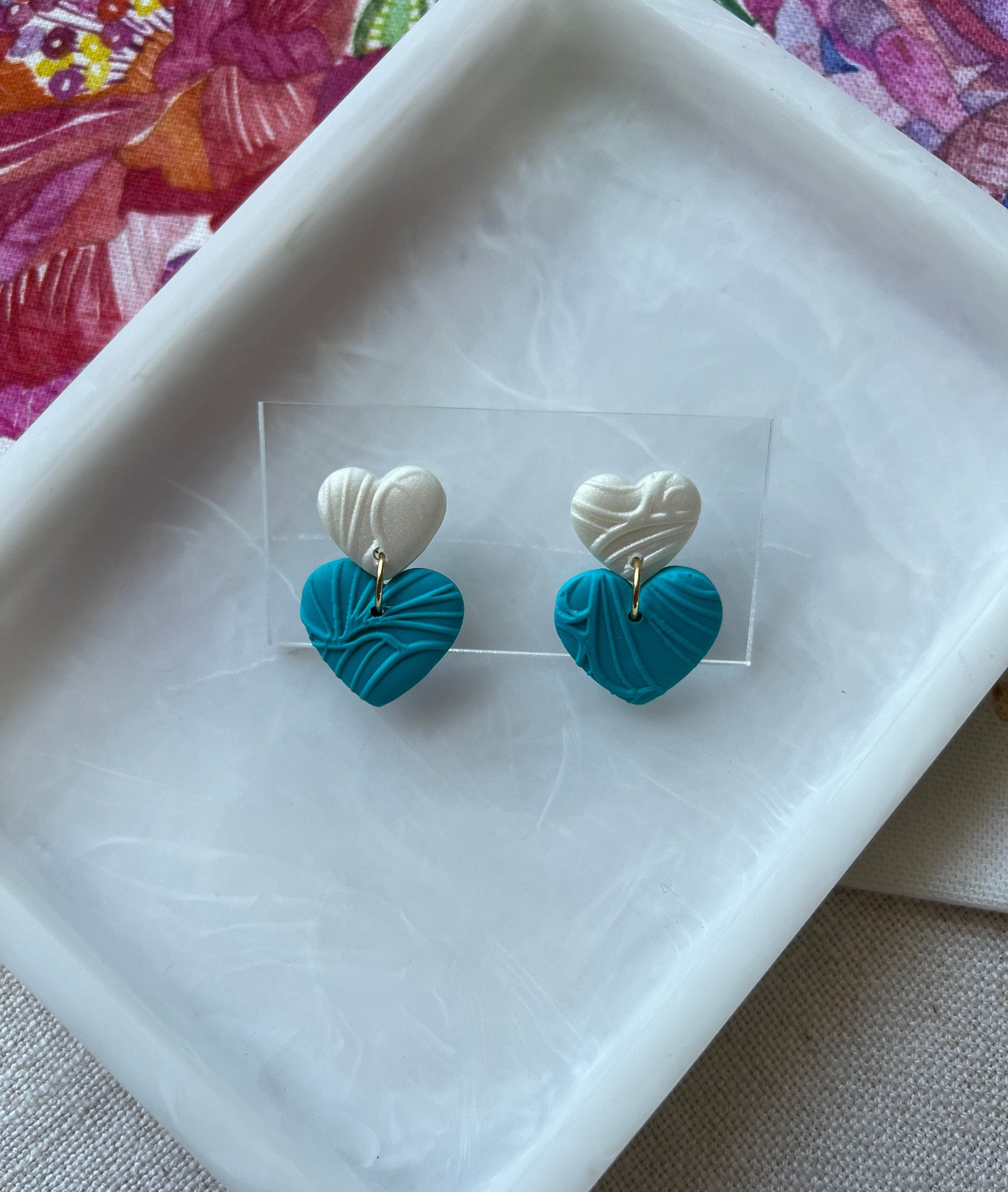 White & Blue Textured Hearts
