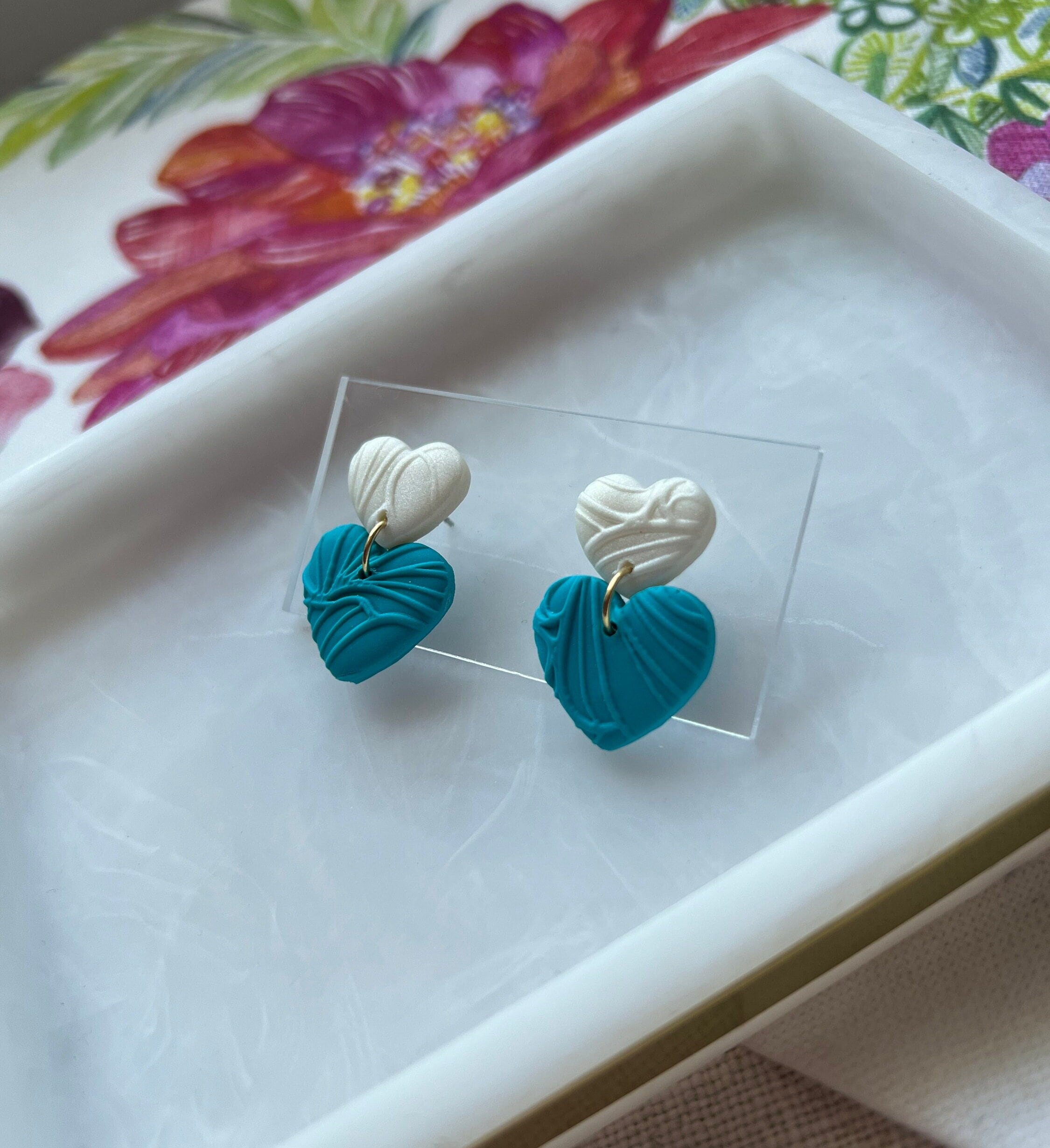 White & Blue Textured Hearts